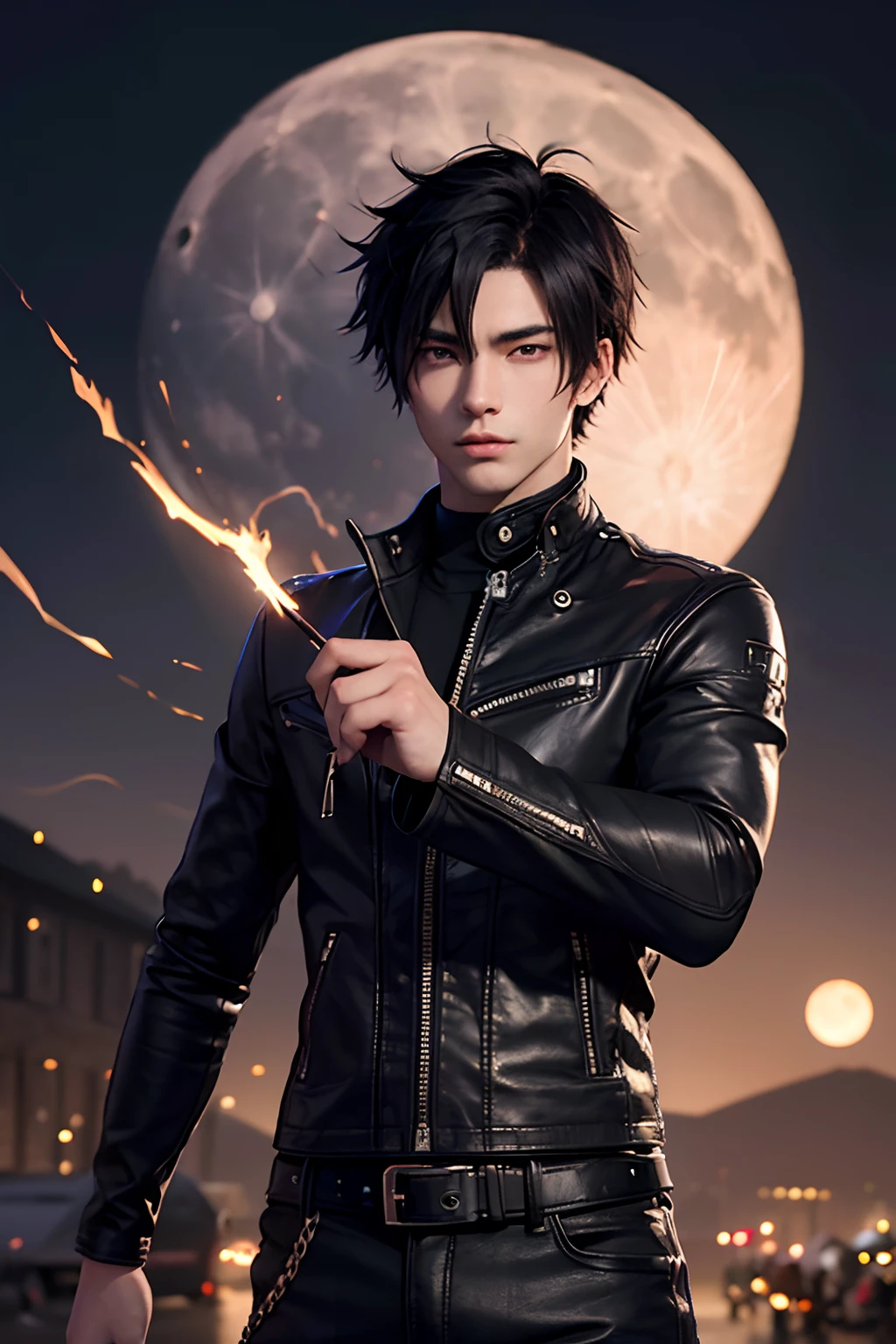 (((ung man 21 years old))), anime character with short hair, small ponytail at neck, black hair, deserted background, ((large moon)), handsome man in demon slayer art, epic fantasy art style, badass anime 8k, epic fantasy digital art style, detailed digital anime art, human male demon, portrait of hades, epic fantasy art style hd, fierce expression 4k, perfect eyes, perfect skin, demon male, extremely detailed artgerm, wearing black leather jacket, black turtleneck shirt, black leather long pants, metal chain at waist, electrical sparks, riding motorcycle