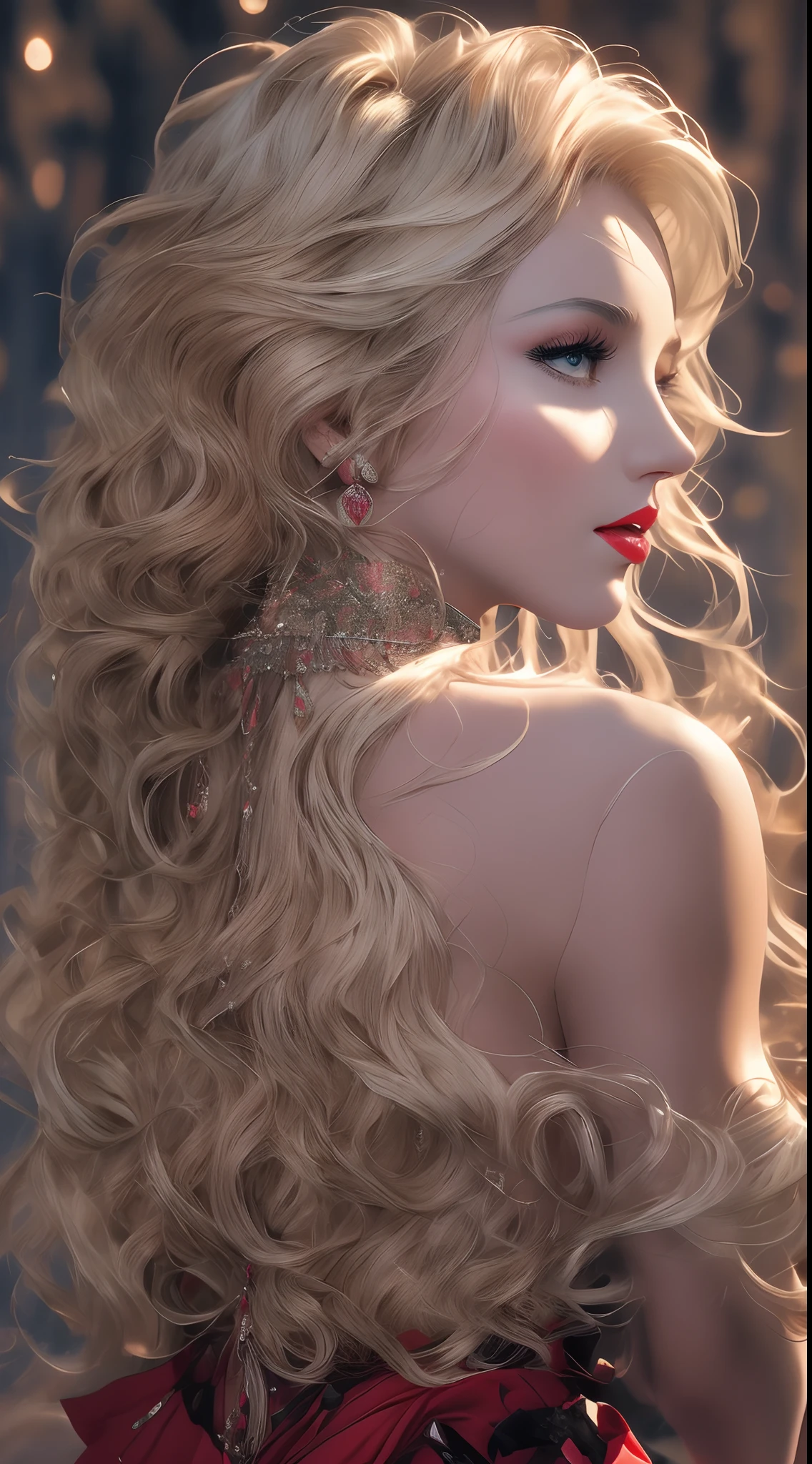 Side profile,masterpiece, top quality, 8K, real person, realistic, very dense CG, shiny skin, fully focused, radiant, Marylin Monroe seductive look,red lips,bold and majestic look,, wearing a loose top, stylish design, mesmerizing look,bold and majestic look, Background England, beautiful and elegant lady