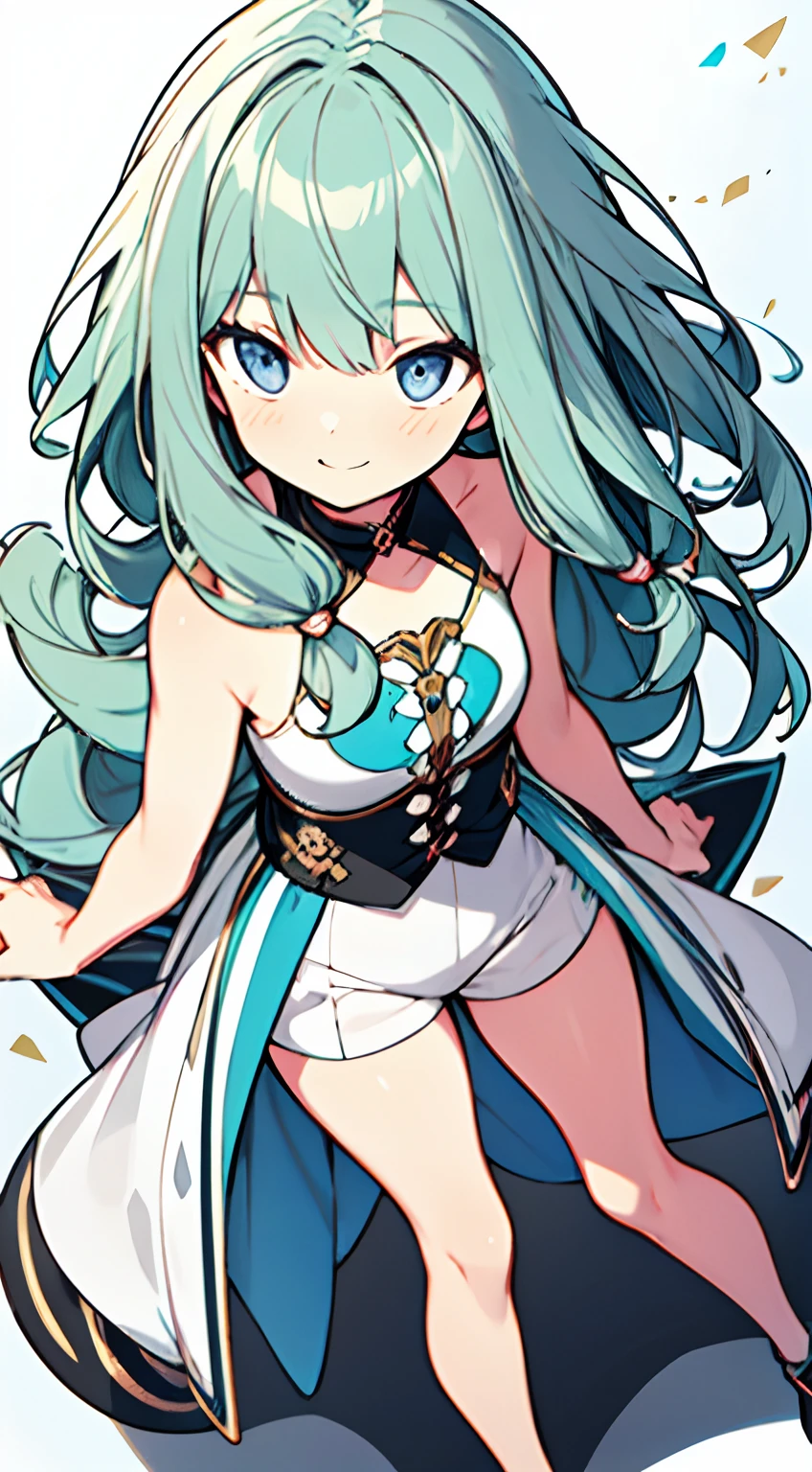 masuter piece, Best Quality,32K、Wallpaper, ultra -detail, Absurd beauty, 1beautiful girl、Big eyes、Hair fluttering in the wind、Slender legs、Smaller head、miscievous smile、Angle looking down from above:1.3、✨