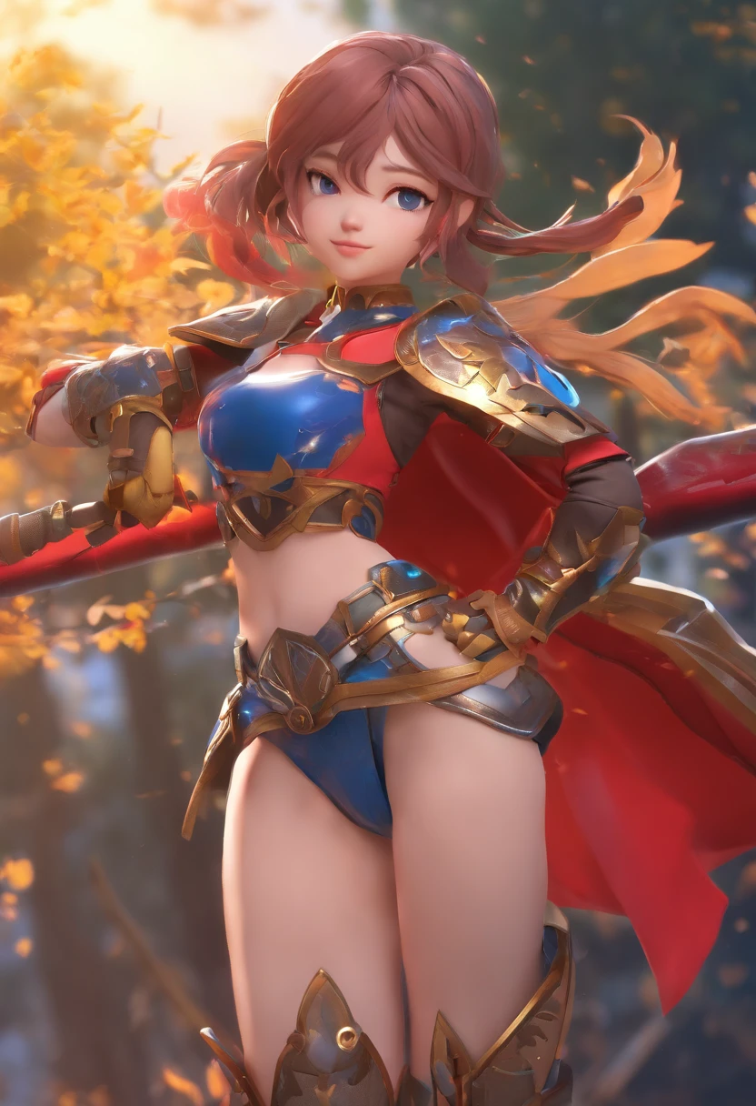 Lapis Lazuli Fei, 1girll, Solo, view the viewer, Blush, bangs, mitts, Upper body, Braid, shairband, Outdoors, parted lip, sky, day, Hand up, Pink eyes, Armor, tree, covered navel, The background is blurred out, hand on her own chest, Shoulder armor, SideBraid, chest plate, Red armor
