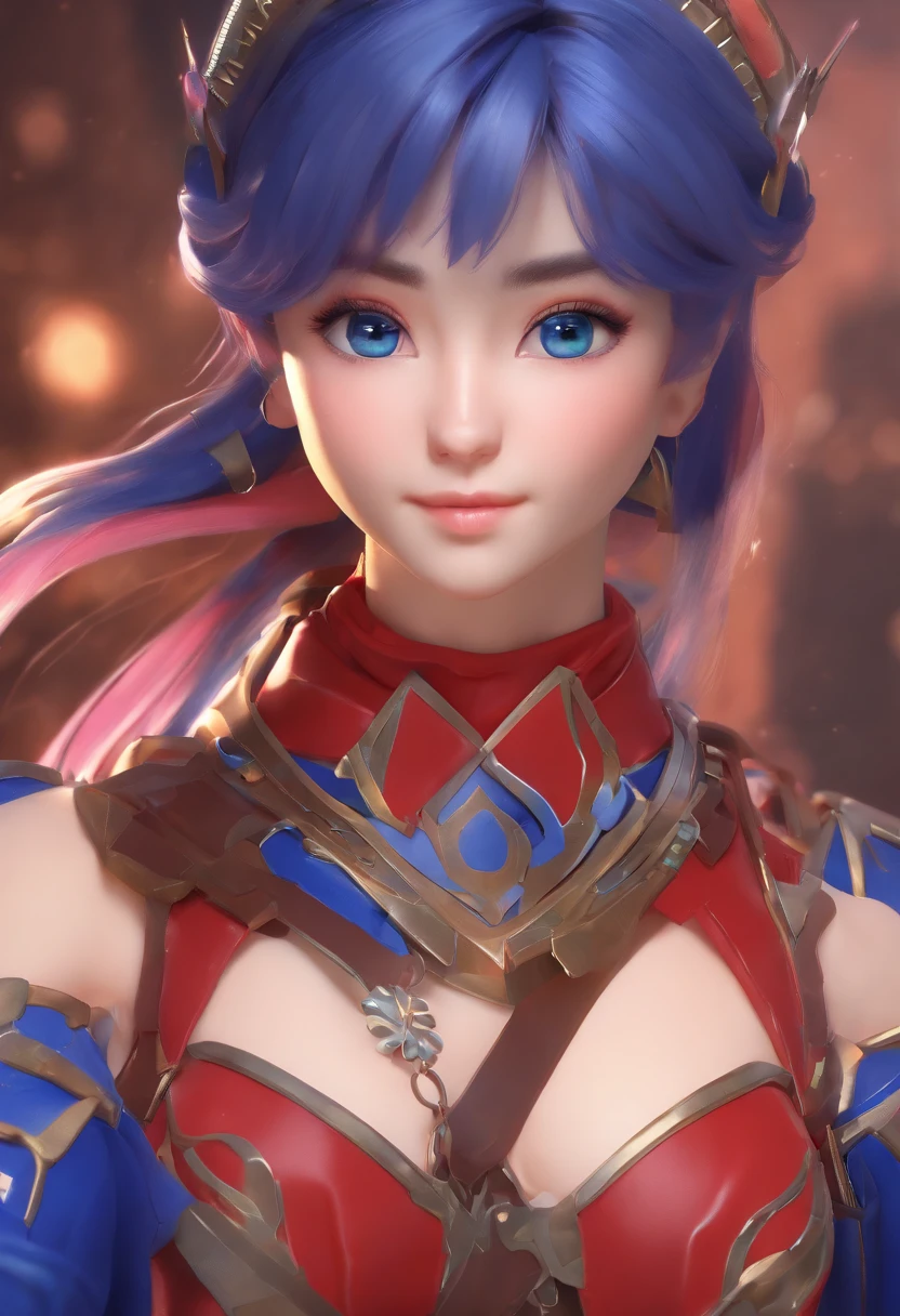 Lapis Lazuli Fei, 1girll, Solo, view the viewer, Blush, bangs, mitts, Upper body, Braid, shairband, Outdoors, parted lip, sky, day, Hand up, Pink eyes, Armor, tree, covered navel, The background is blurred out, hand on her own chest, Shoulder armor, SideBraid, chest plate, Red armor