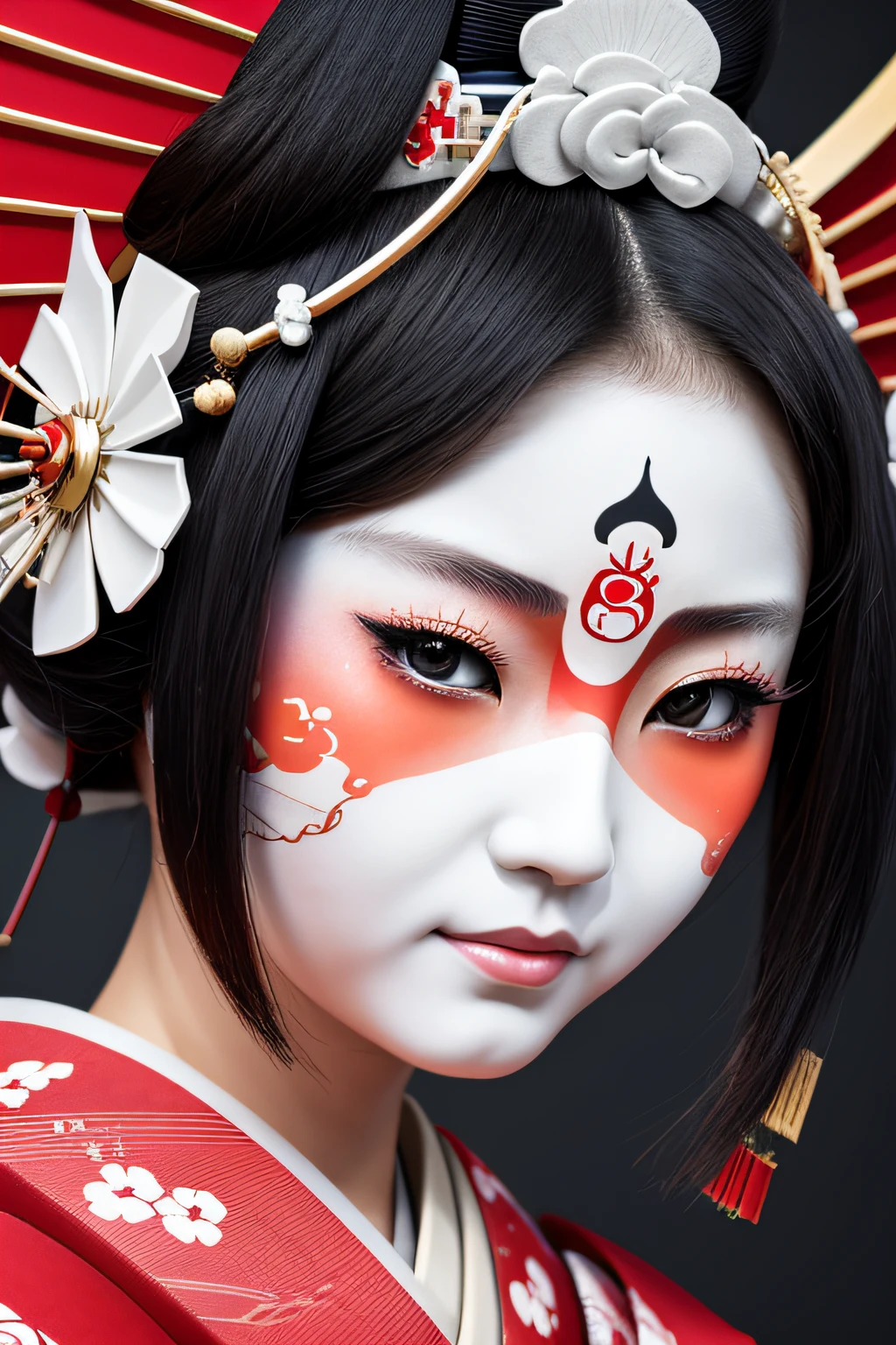 close up of face ,masutepiece, Best Quality, Ultra-detailed,((geisha)) ,cybernetics,Cybernetic components,line-drawing