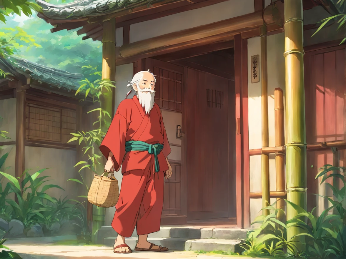 Wearing brown Zhuang clothes, the old man stretched out his left hand and invited the boy into the bamboo building（Image of the old man：brown clothes，Thin and shriveled，Has a long beard，ssmile。）。15-year-old boy wearing red Zhuang costume。（Boy image：Red clothes，Carry a bag，Young boys）Stand in front of the bamboo building。Stand and talk with an old man（The picture shows an old man smiling gently and inviting the boy to enter the bamboo building）