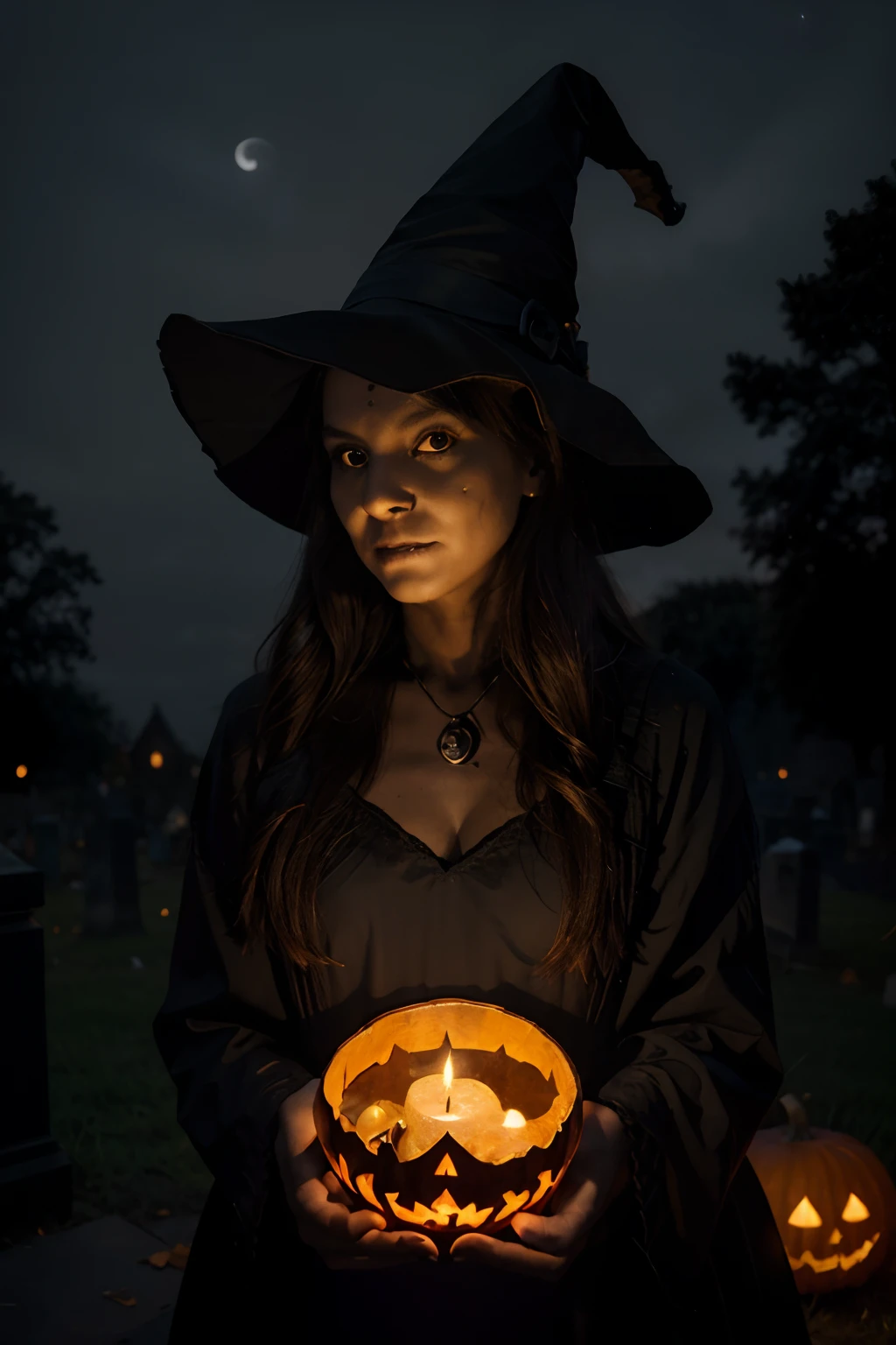 A girl wearing a witch hat and holding a carved pumpkin, spooky moonlit night, haunted house, creepy trees, bats flying in the sky, glowing Jack-o'-lanterns, eerie fog, witches flying on broomsticks, trick-or-treating children, glowing eyes in the darkness, cobwebs, full moon, black cats, spooky decorations, creepy laughter, flickering candles, mysterious shadows, costumes and masks, graveyard, cauldron, sinister atmosphere, candy corn, ghostly apparitions, skeleton, spiderwebs, eerie music, pumpkin patch, candy wrappers, witchcraft, spells, tombstones, witch's broom, candy bags, scarecrows, orange and black colors, ghost stories, haunted maze, supernatural creatures.

(best quality, 4k, 8k, highres, masterpiece:1.2), ultra-detailed, (realistic, photorealistic, photo-realistic:1.37)
illustration, Halloween-themed artwork, professional, vivid colors, spooky lighting, HDR, horror, dark and mysterious atmosphere, sharp focus, detailed pumpkin carving, haunted house with intricate details, witch hat with detailed texture, glowing Jack-o'-lanterns casting eerie shadows, expressive facial features on the girl, realistic moonlit night.