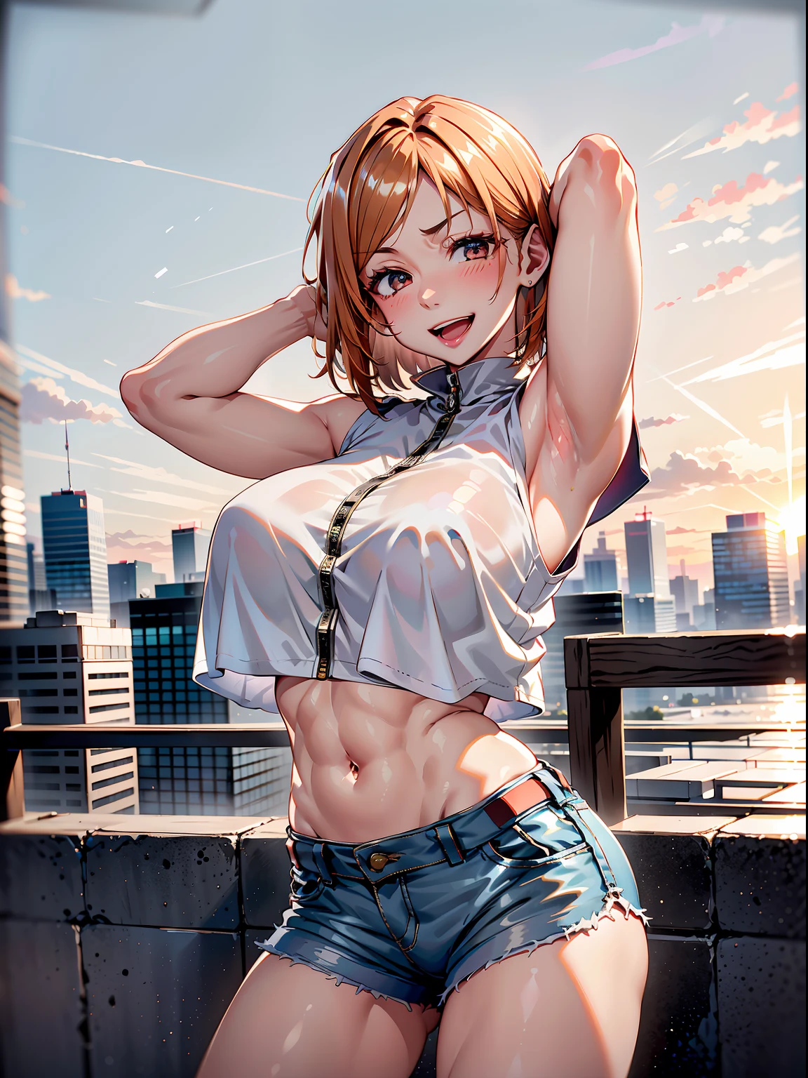 (1girl:1.3, solo), (Masterpiece, best quality, photorealistic, highres, photography, :1.3), ultra-detailed, sharp focus, professional photo, commercial photo, (upper body:1.3), (standing at downtow street), (((starring at the viewer:1.5))), (armpit focus, arms up, arms behind on head), 
BREAK, 
1girl, solo, milf,  hot model, (attractive model:1.37), (promotional model:1.2), highly detailed eyes and pupils, realistic skin, (attractive body, large breast:1.25, thin waist:1.15), , extremely detailed hair, delicate sexy face, sensual gaze, shiny lips, 
BREAK, 
(orange zip-up turtleneck sweateri:1.3, sleeveless), (shorts:1.3), detailed clothes, 
BREAK, 
(outdoor, Times Square garden background, blurry background:1.25, simple background, no-human background, detailed background), (under sunset:1.37), short hair
BREAK, 
(attractive posing), ((realistic, super realistic, realism, realistic detail)), perfect anatomy, perfect proportion, bokeh, depth of field, hyper sharp image, (attractive emotion, seductive smile:1.2, happy:1.2, blush:1.2, :d:1.2, :p:1.2), 4fingers and thumb, perfect human hands, wind,