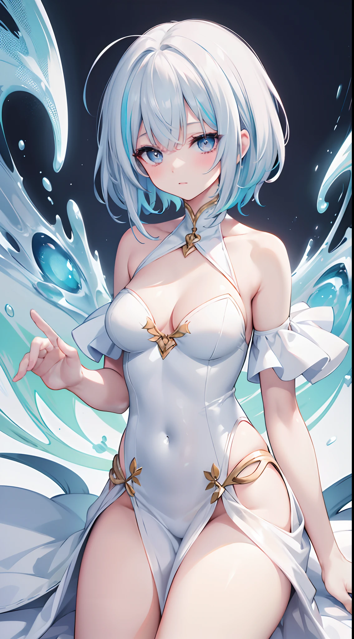 , (Masterpiece, Slim Body, Delicate Fingers: 1.2), Best Quality, (Illustration: 1.2), (Hyper Detail), Eye Focus, Ultra Detail, (Fine Detail), (Intricate Detail), HDR, (Ultra Detail: 1.15), (Soft Light: 1.2), (1 girls), White dress, White hair highlights with blue, cyan eyes, ager, medium short hair, solo, multicolored hair, ahoge, medium breasts, full portrait of elementalist, mismatched pupils, multicolored eyes, high quality, best quality, fullbody image,