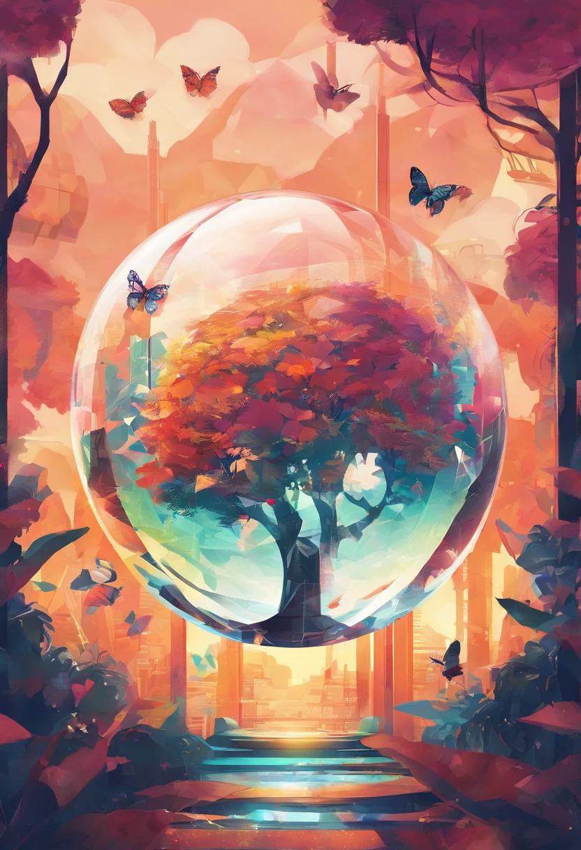 (Masterpiece),(Best quality:1.0), (超高分辨率,), Detailed, A glass ball，There is a tree inside, Digital art, cg society contest winner, Butterflies and sunlight, concept art design illustration, Beautiful digital illustration, Closed ecosystems