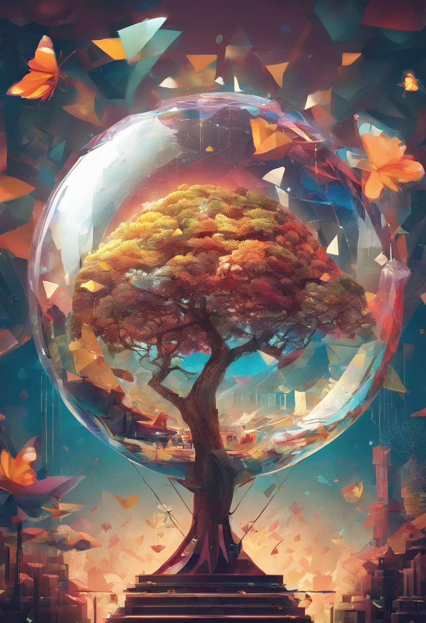 (Masterpiece),(Best quality:1.0), (超高分辨率,), Detailed, A glass ball,There is a tree inside, Digital art, cg society contest winner, Butterflies and sunlight, concept art design illustration, Beautiful digital illustration, Closed ecosystems