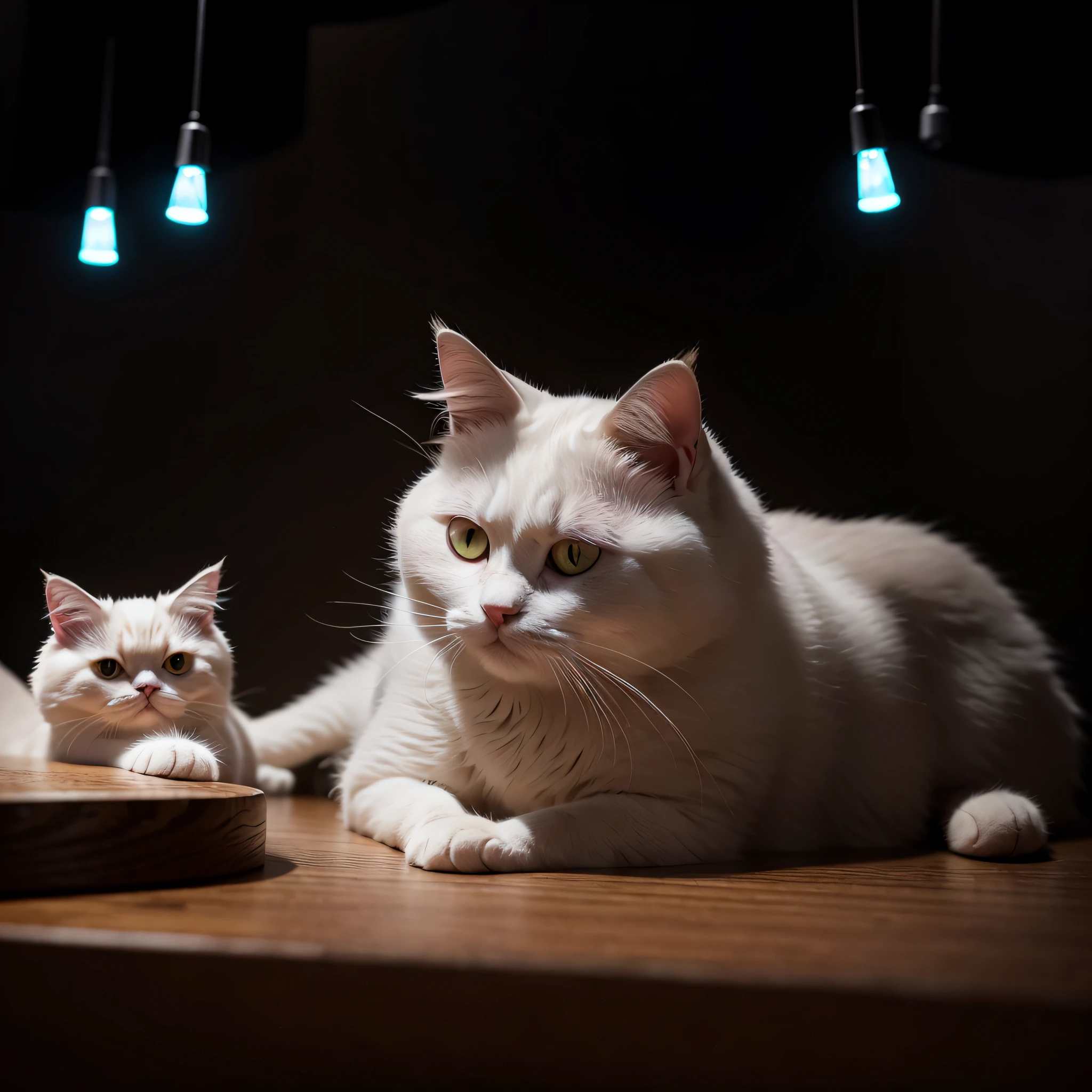 there is a cat that is laying down on a table, beautiful white glowing eyes, with glowing yellow eyes, beautiful glowing eyes, Bright glowing eyes like LEDs, Glowing orange eyes, bright glowing eyes, white glowing eyes, beautiful light big eyes, with glowing eyes, very glowing eyes, exotic shorthair cat, White cat, There are red glowing eyes 8K,Cute cat,nighttime scene,There are desk lamps,Cute cat cat,Different expressions