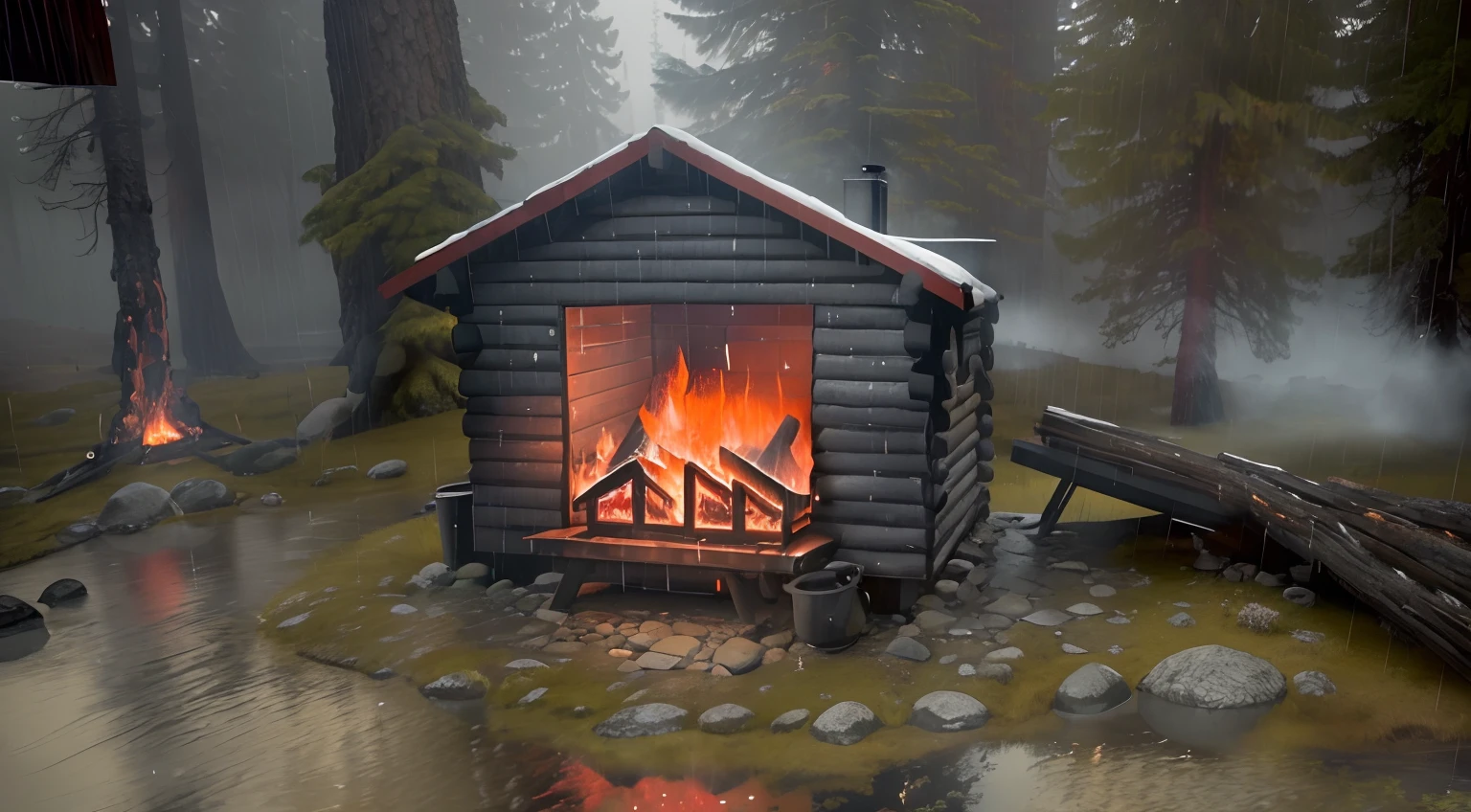 there is a small cabin with a fire in it in the woods, fires!! hyperrealistic, fire raining, cabin in the woods, raining fire, cabin, bathed in the the glow of a fire, erik johansson style, log cabin, octane render. fog, rainy day. game render, inspired by Gregory Crewdson, fire from some windows, fire lit