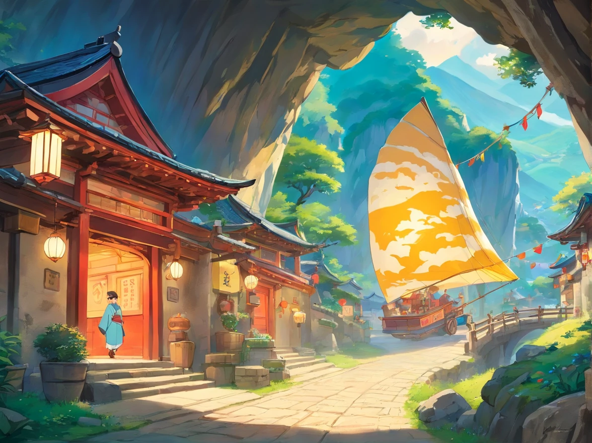 The whole village is dressed up,Colorful bunting flutters in the air,Many people are dressed in Zhuang costumes,With a smile of joy and anticipation,Come together。In the middle of the village stands a mysterious cave,The light at the entrance of the cave is warm,Exudes a beautiful glow