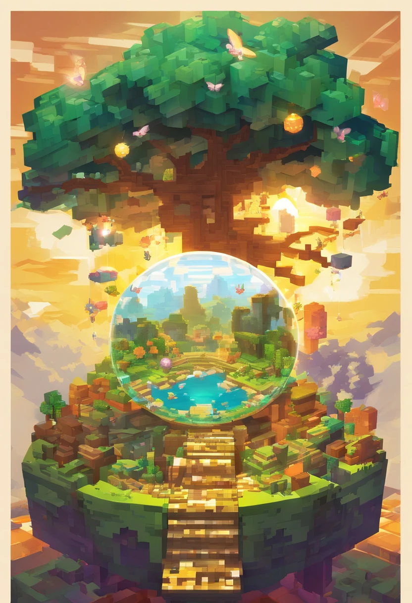 (Masterpiece),(Best quality:1.0), (超高分辨率,), Detailed, A glass ball，There is a tree inside, Digital art, cg society contest winner, Butterflies and sunlight, concept art design illustration, Beautiful digital illustration, Closed ecosystems