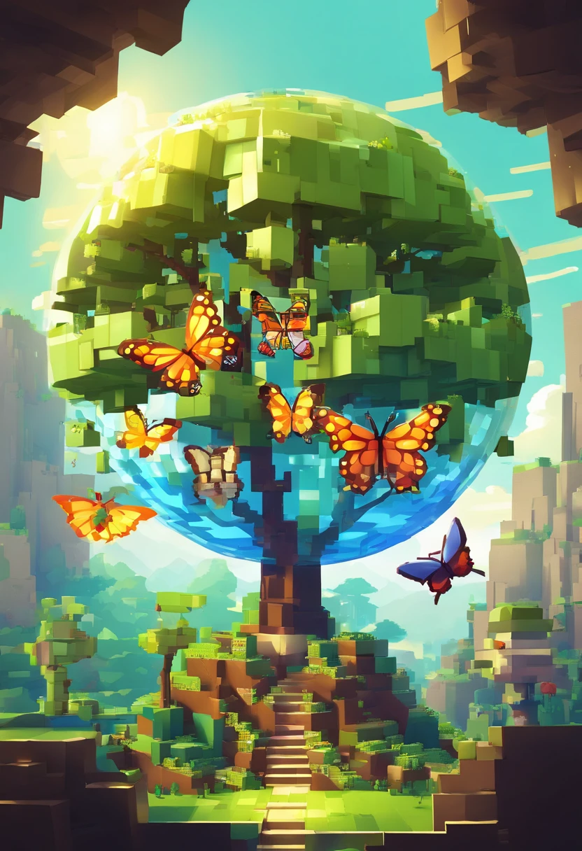 (Masterpiece),(Best quality:1.0), (超高分辨率,), Detailed, A glass ball,There is a tree inside, Digital art, cg society contest winner, Butterflies and sunlight, concept art design illustration, Beautiful digital illustration, Closed ecosystems