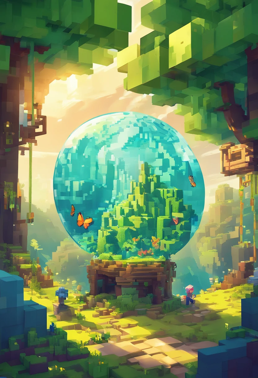 (Masterpiece),(Best quality:1.0), (超高分辨率,), Detailed, A glass ball，There is a tree inside, Digital art, cg society contest winner, Butterflies and sunlight, concept art design illustration, Beautiful digital illustration, Closed ecosystems