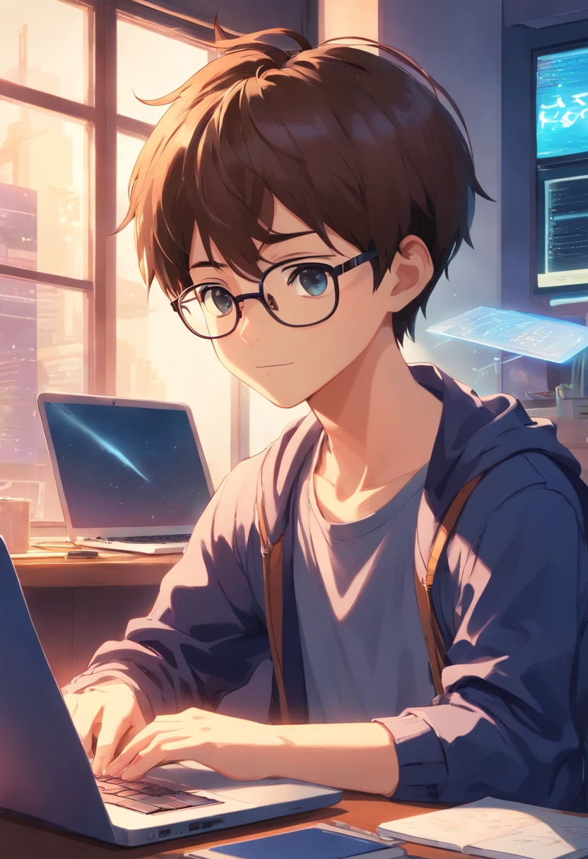 The cute boy with short hair and glasses in the picture above is displayed with a laptop