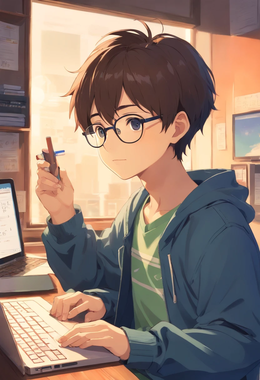 The cute little boy with short hair and glasses in the picture above is displayed with a laptop