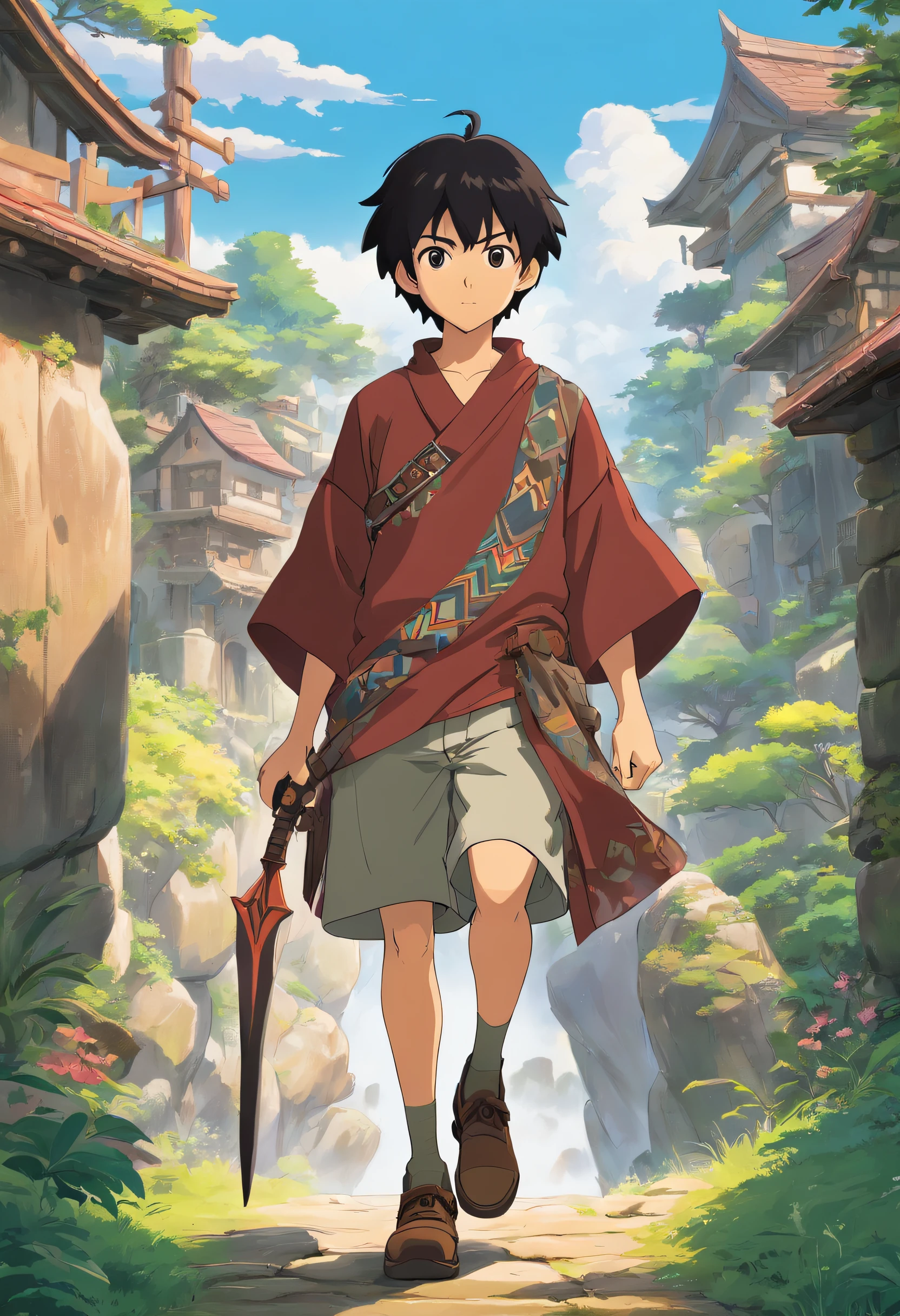 Young -yeld sher, black skin, short black hair, He wears a tunic with earthy colors and tribal patterns, along with shorts and boots. . He is the grandson of the old woman of the tribe. It is serious and imposing. Usa un arco de bronce y flechas de plata. Estilo anime