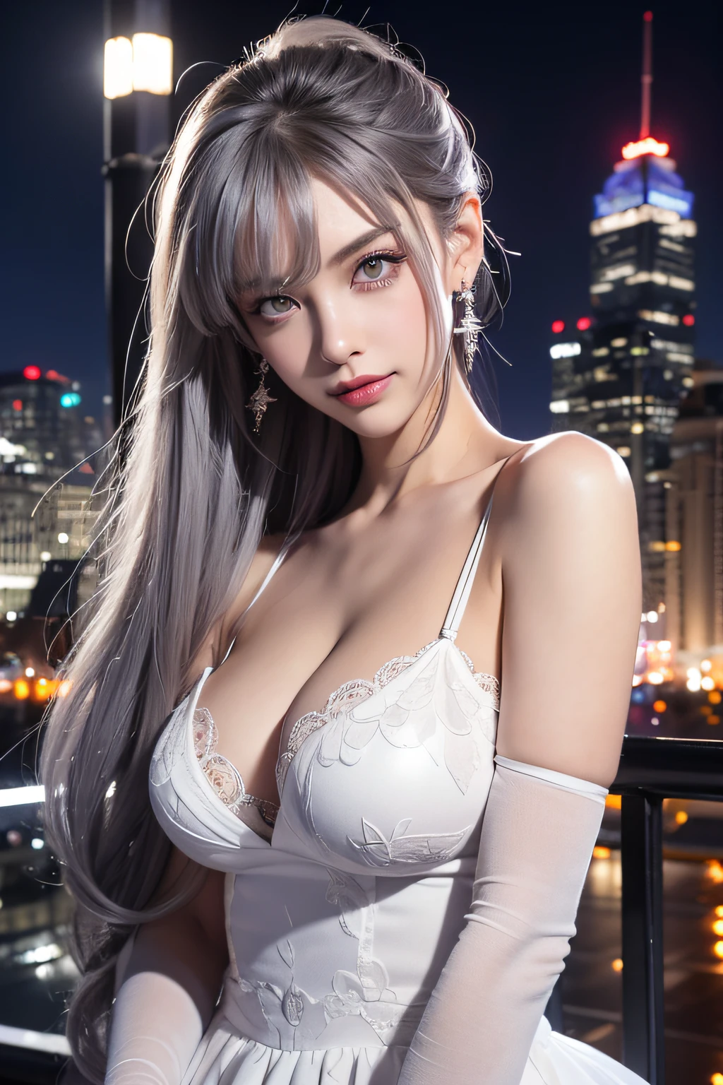 (Realistic painting style:0.9), masutepiece, Best Quality,  absurderes, Looking at Viewer, Solo, bronya zaychik (silverwing n-ex), bronya zaychik, Red pupils, 1girl in, Solo, breasts, Long hair, Dress, Grey Hair, cleavage, Looking at Viewer, Smile, Closed mouth, Bangs, grey  eyes, Jewelry, single glove, earrings, White Dress, gloves, Bare shoulders, Sleeveless dress, Drill Hair, Sleeveless, Single sleeve, hair between eye, Large breasts, twin drills, White sleeves, Hair Ornament, Single-pole drone, city, Night