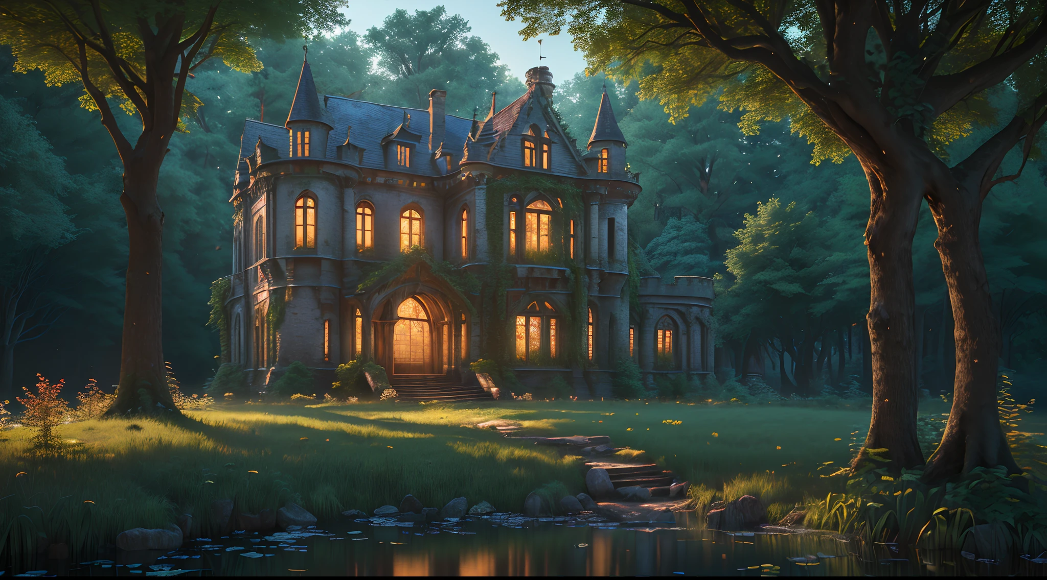 (high resolution uncompressed raw photo:0.8), abandoned overgrown castle mansion in a forest with lake view ata night and colorful trees, (twilight), sun, beauty, interesting lights and shadows, focus blur:0.4, masterpiece, (extremely detailed CG unity 8k wallpaper), 8K render, wide angle full body, plant, trending,