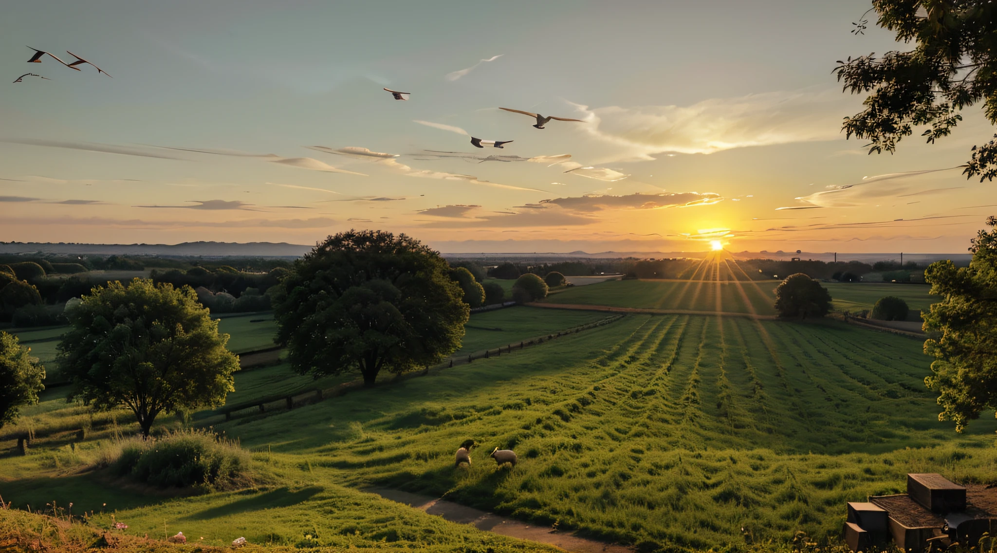 Scene of a serene landscape with the sun rising in the background and birds singing