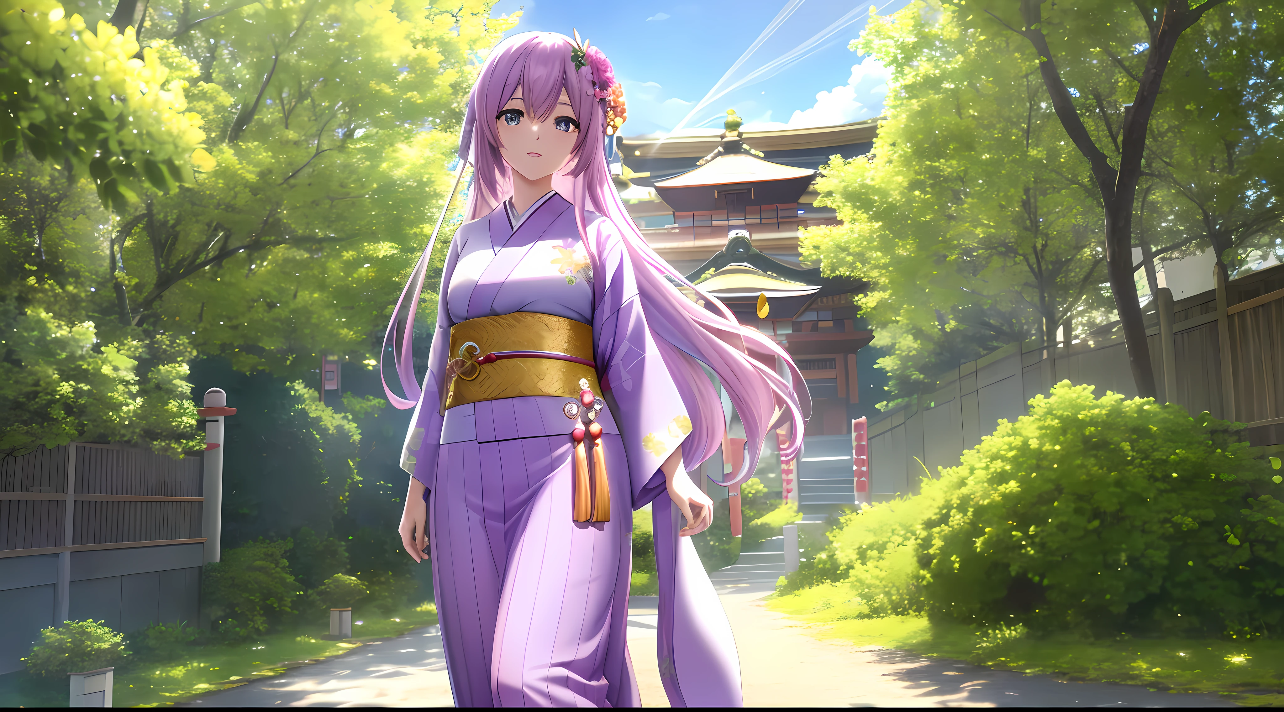 Athena with plain long light purple hair,hair between eyes,green eyes,rosy cheeks,full lips,thin eyebrows,slender body,wearing flowers kimono and full long skirt,praying beads on neck,cute anime girl,full body,japanese mansion street in background,anime style,Lumen Reflections,Screen Space Reflections,Diffraction Grading,Chromatic Aberration,GB Displacement,Scan Lines,Ray Traced,Anti-Aliasing,FXAA,TXAA,RTX,SSAO,Shaders,OpenGL-Shaders, GLSL-Shaders,Post Processing,Post-Production,cell Shading,Tone Mapping,CGI,VFX,SFX,insanely detailed and intricate, 4K,standing, solo, masterpiece, best quality, detailed face, detailed eyes, highres, standing, solo,masterpiece, best quality