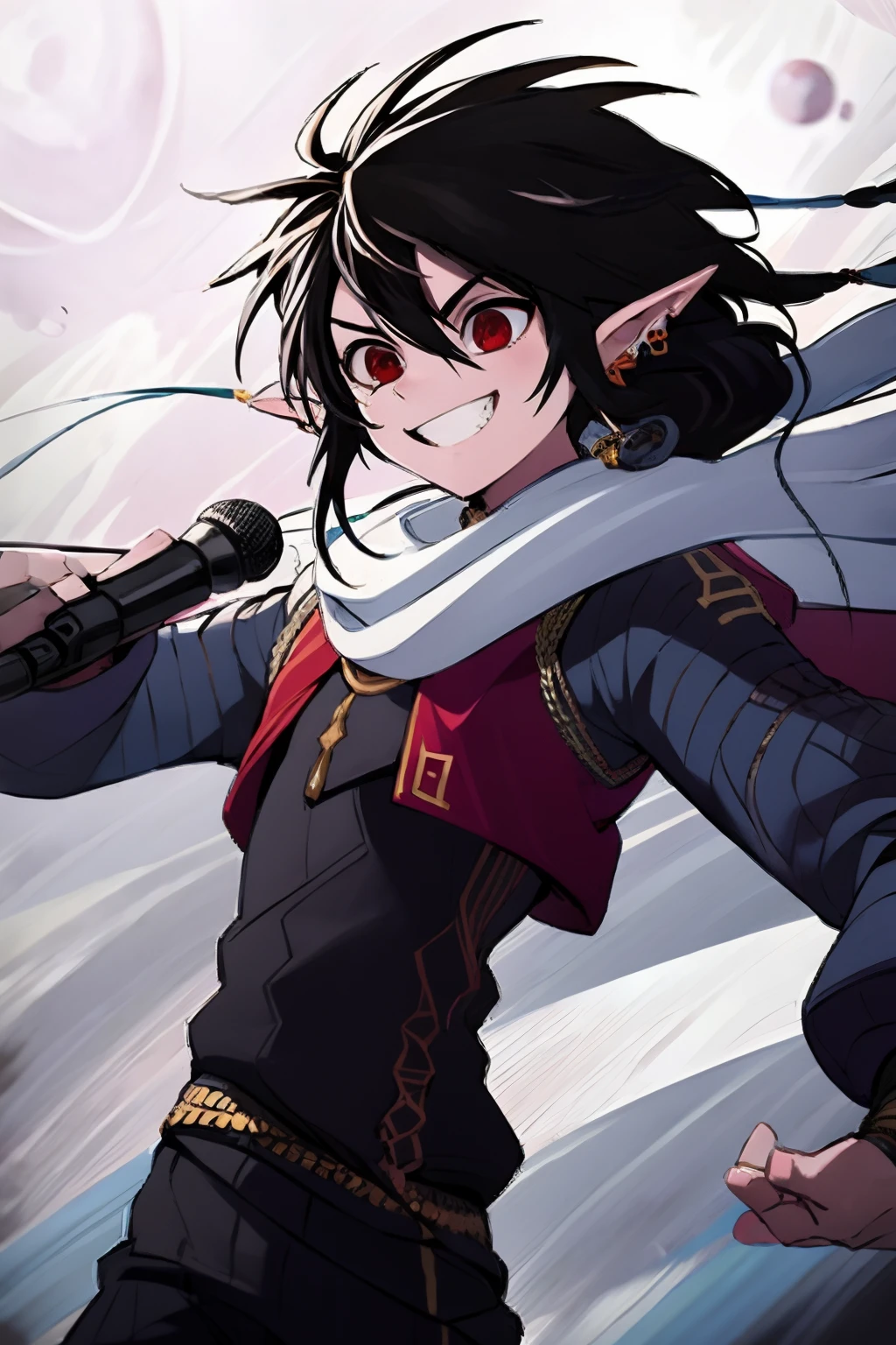 master part, melhor qualidade, A boy stands in front of a microphone, 1boy, Black_hair, Long Hair, hair_between_eyes, sorriso, pointy_ears, smile, Red Eyes, solo, earrings