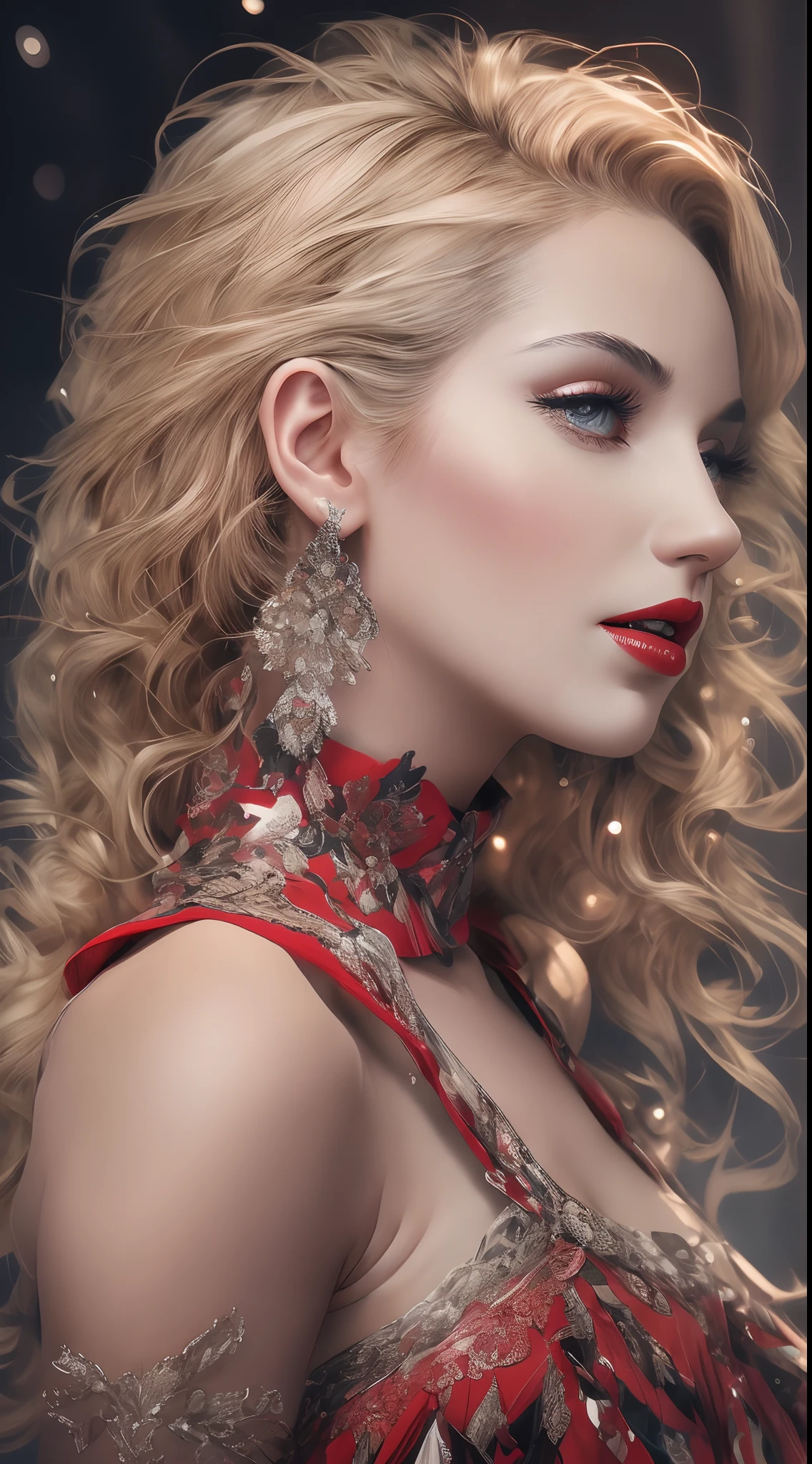 Side profile,masterpiece, top quality, 8K, real person, realistic, very dense CG, shiny skin, fully focused, radiant, Marylin Monroe seductive look,red lips,bold and majestic look,, wearing a loose top, stylish design, mesmerizing look,bold and majestic look, Background England, beautiful and elegant lady