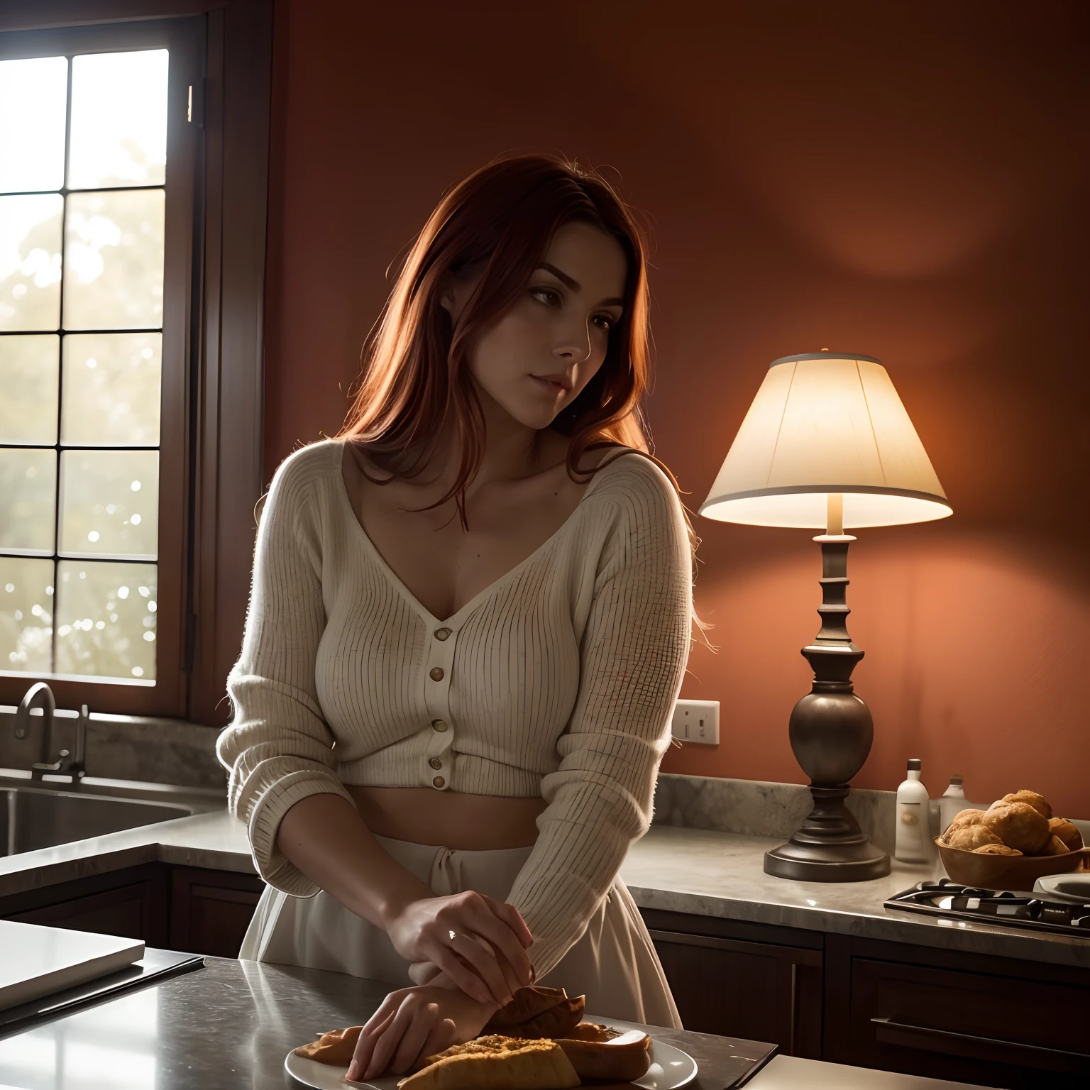 (Foto RAW de alto detalle), Una sensual mujer pelirroja sonriente en la cocina (estilo\), Pelo rojo, mujer pelirroja desayunando ((cerrar:0.7)), (Obra maestra, Piel extremadamente detallada, fotorrealista, sombra pesada, Dramatic and cinematic lighting, Luz clave, Luz de relleno), foco nítido, Film grain, Granulada, Kinematic, piel imperfecta, Telas, Texturas, Cara detallada, Piel detallada, warm colours
