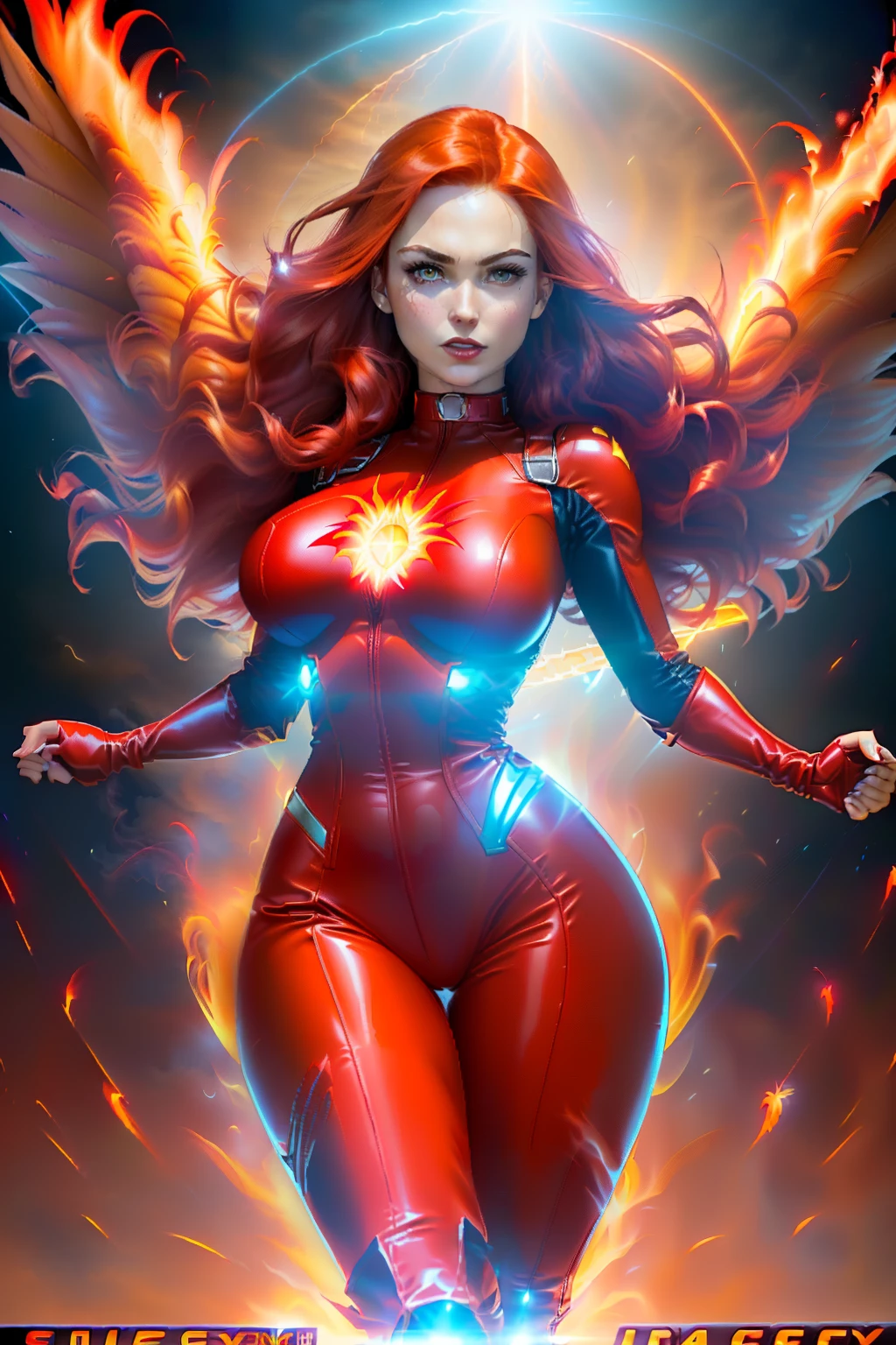 ((Jean grey with the phoenix force from marvel comics series)) ((beautiful face)) (red lipstick) ((big bright eyes)) ((long redhead messy hairstyle)) ((very huge breasts)) (perfect slim body) ((wears red tight leather body suit)) ((choker, golden gloves and golden long boots)) ((posing sexy on liberty island)) (high definition, dynamic lights and shadows) ((masterpiece)) (8k) (perfect face) (best quality) (perfect hands and eyes) ((psyonic power floating around))