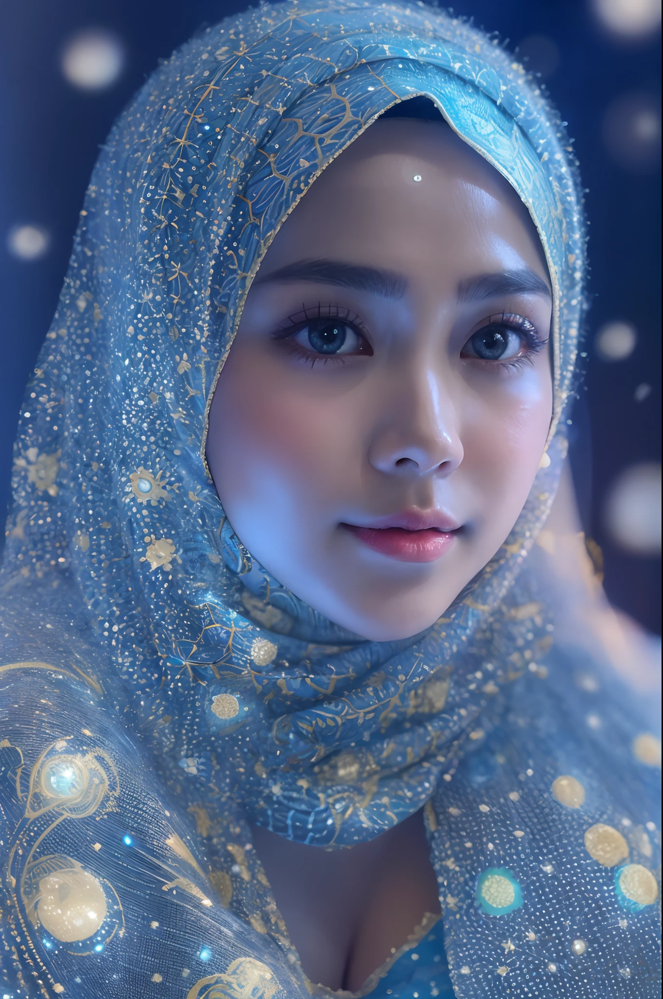 1 malay girl , modern pom-pom hijab,  shy, medium portrait shot , watery  eyes , blue glowing particles, wear pastel blue high waist panties and bra, blue bokeh light background, bright front light, high quality, ultra detail, 8k,