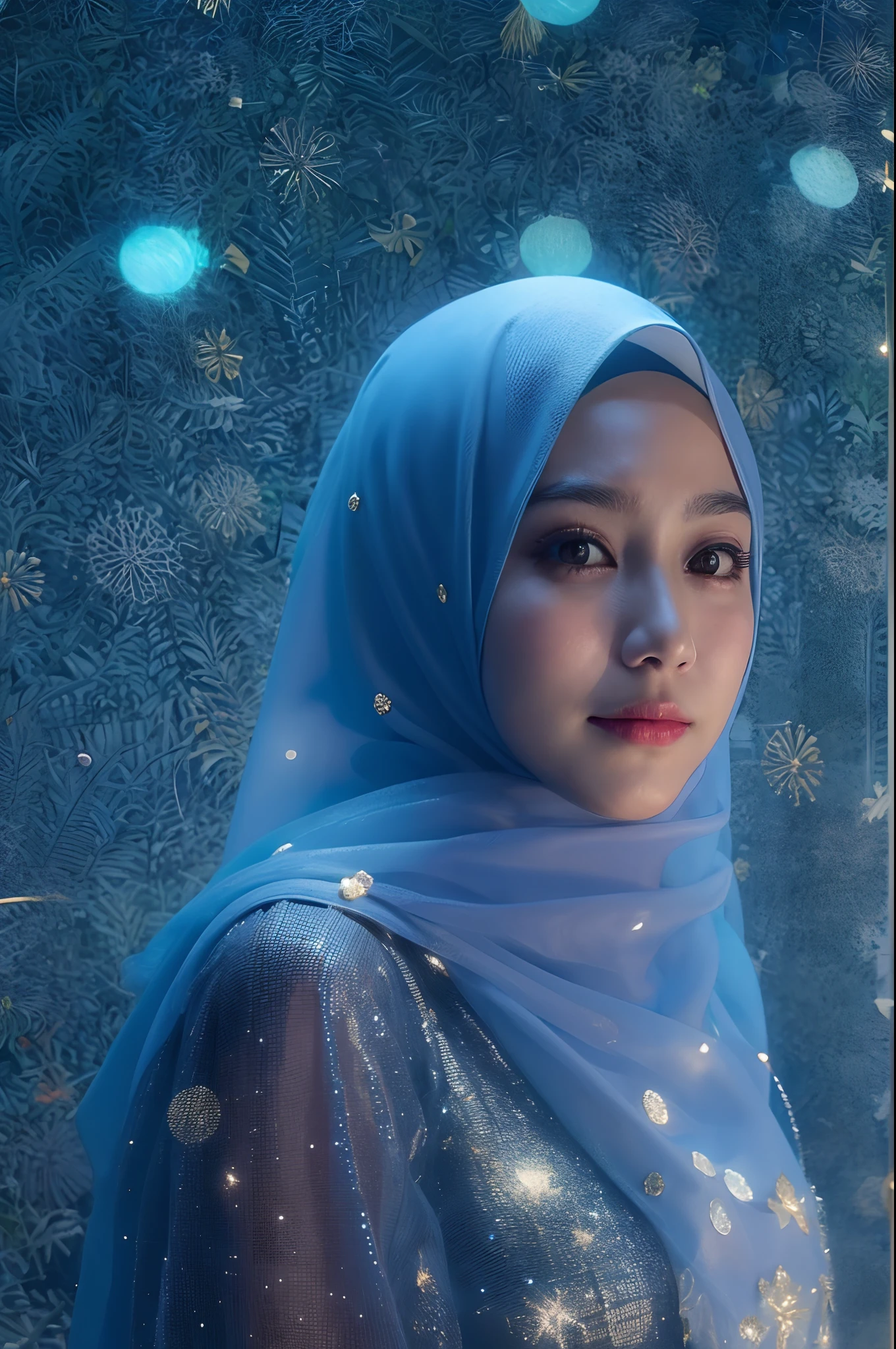 1 malay girl , modern pom-pom hijab,  shy, medium portrait shot , watery  eyes , blue glowing particles, wear pastel blue high waist panties and bra, blue bokeh light background, bright front light, high quality, ultra detail, 8k,