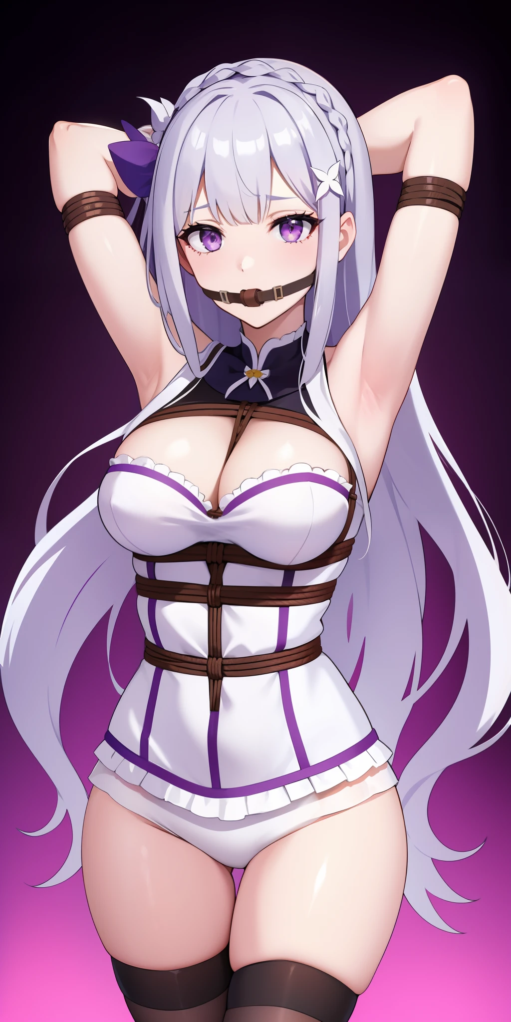 arms behind head, long_hair, looking_at_viewer, thighhighs, bow, bound, bdsm, bondage, rope, restrained, gag, shibari, bound_arms, ball_gag, shibari_over_clothes, Emilia re zero, white hair, purple eyes, x hair ornament, white rose in hair, sexy, medium breasts,