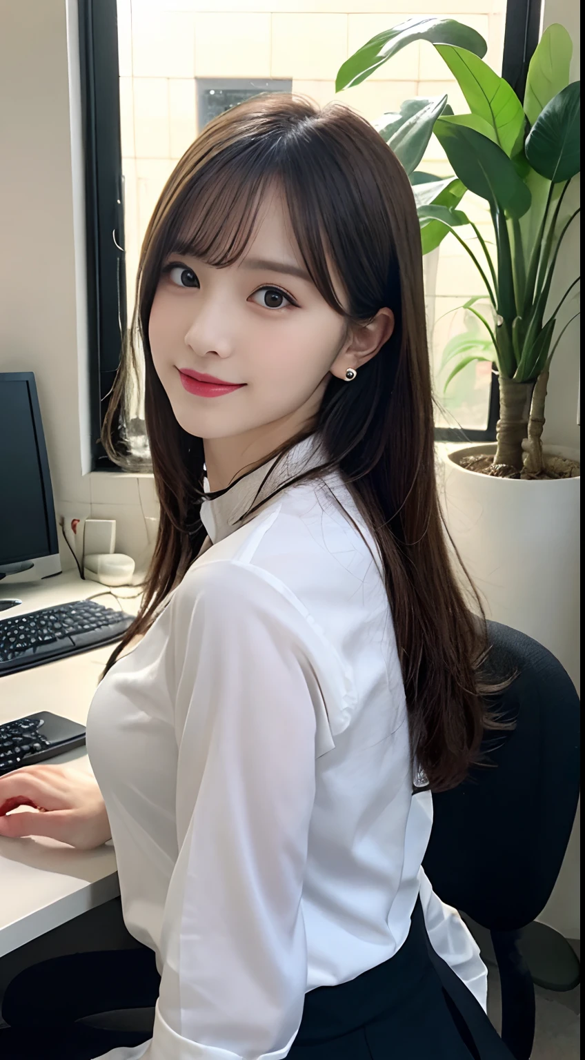masutepiece, Best Quality, Illustration, Ultra-detailed, finely detail, hight resolution, 8K Wallpaper, Perfect dynamic composition, Beautiful detailed eyes, Medium Hair,Great breasts under the shirt:2.0、Natural Color Lip, Bold sexy poses,Smile,20 years girl、Cute、Sexy shot looking at camera、Button shirt with wet collar、pencil skirts、Shot from the knee up、neck tie、full body seen、houseplant、((Being in the company:2.0、Colossal tits、From the knee up、Rear view:2.0、hip lines))、a necklace、piercings、s Office、desk work、personal computers