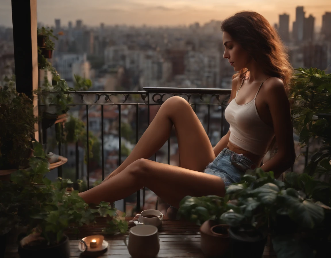Balcony with plants, View of the metropolis from above, peaceful atmosphere, A little dark in the sky Young skinny brunette shirtless woman swinging on velular, With coffee on the table, Dog sitting on the ground and enjoying the view,