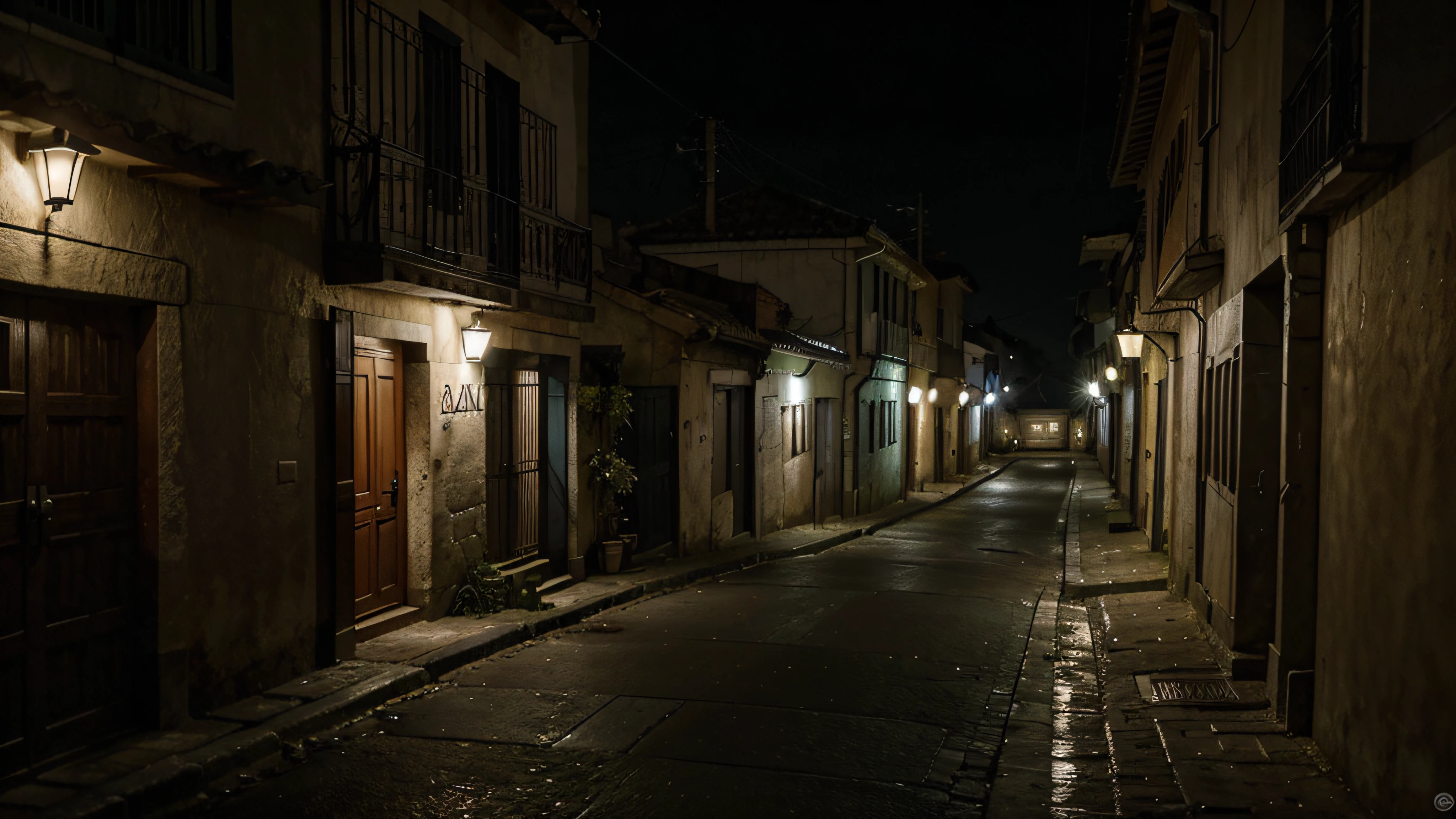 melhor qualidade, Qualidade extrema, very realistic, Dark street with poor lighting, Casas, ambiente escuro, plantas