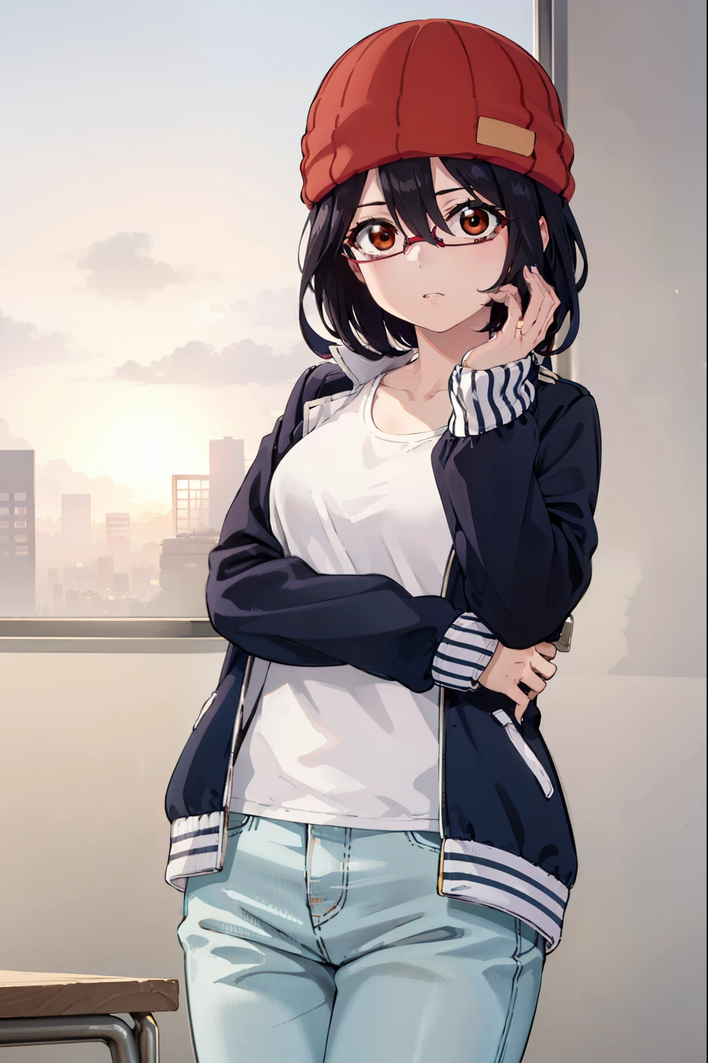 fuukoizumo, fuuko izumo, black hair, hair between eyes, (brown eyes:1.5), short hair,
BREAK shirt, white shirt, jacket, open jacket, pants, denim, beanie, (red beanie:1.2),
BREAK looking at viewer,
BREAK indoors, classroom, (cowboy shot:1.5),
BREAK (masterpiece:1.2), best quality, high resolution, unity 8k wallpaper, (illustration:0.8), (beautiful detailed eyes:1.6), extremely detailed face, perfect lighting, extremely detailed CG, (perfect hands, perfect anatomy), (adjusting eyewear:1.2), hijab