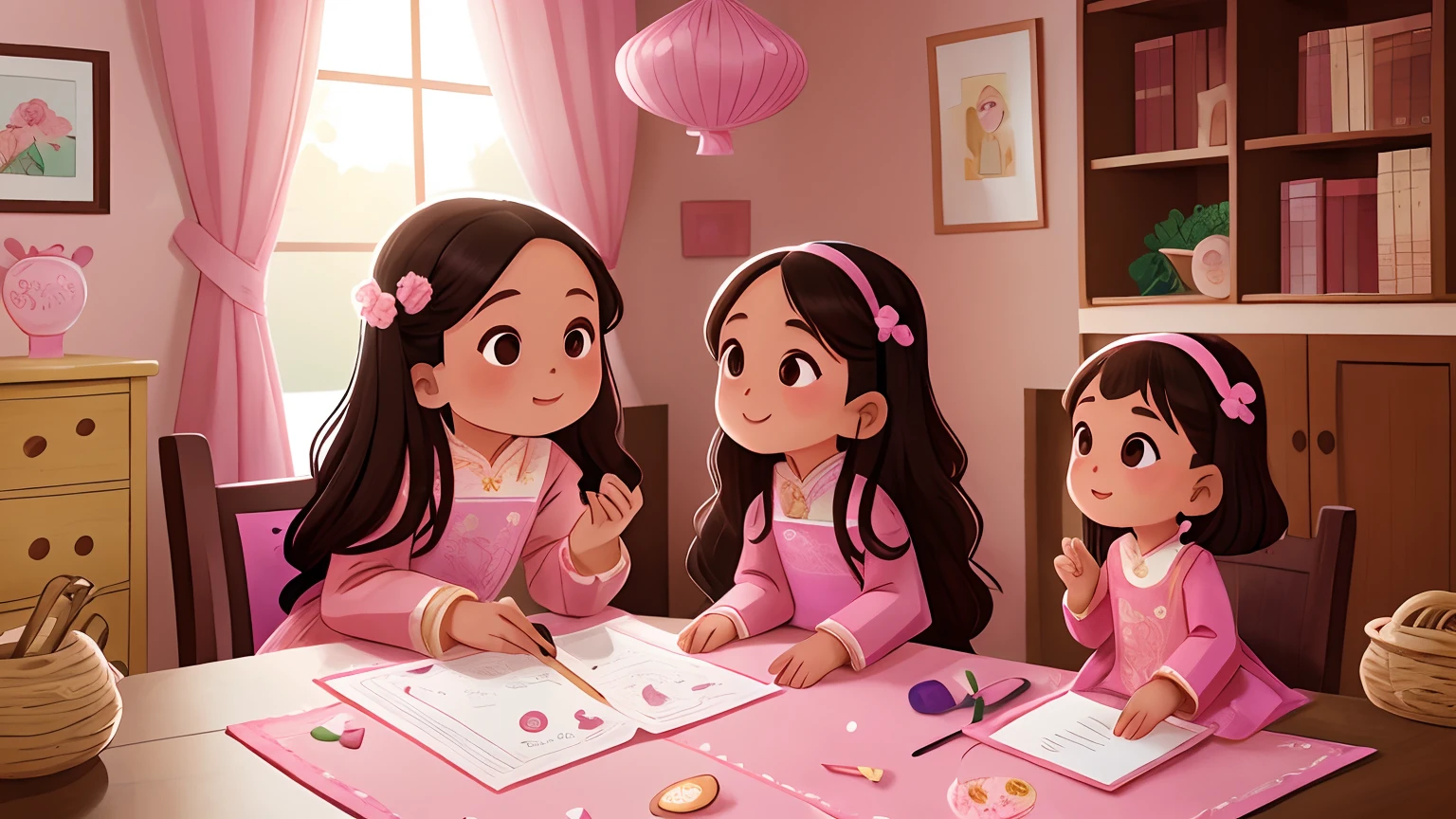 Long-haired mother in pink long-sleeved Zhuang costume,ethnic dress,Daughter standing on the side and looking down in pink national costume drawing,The setting is the living room,A blank piece of paper on the table。warm (Best quality, 4K, A high resolution), Ultra-detailed, (Realistic:1.37), sportrait, Vivid colors, Natural lighting.