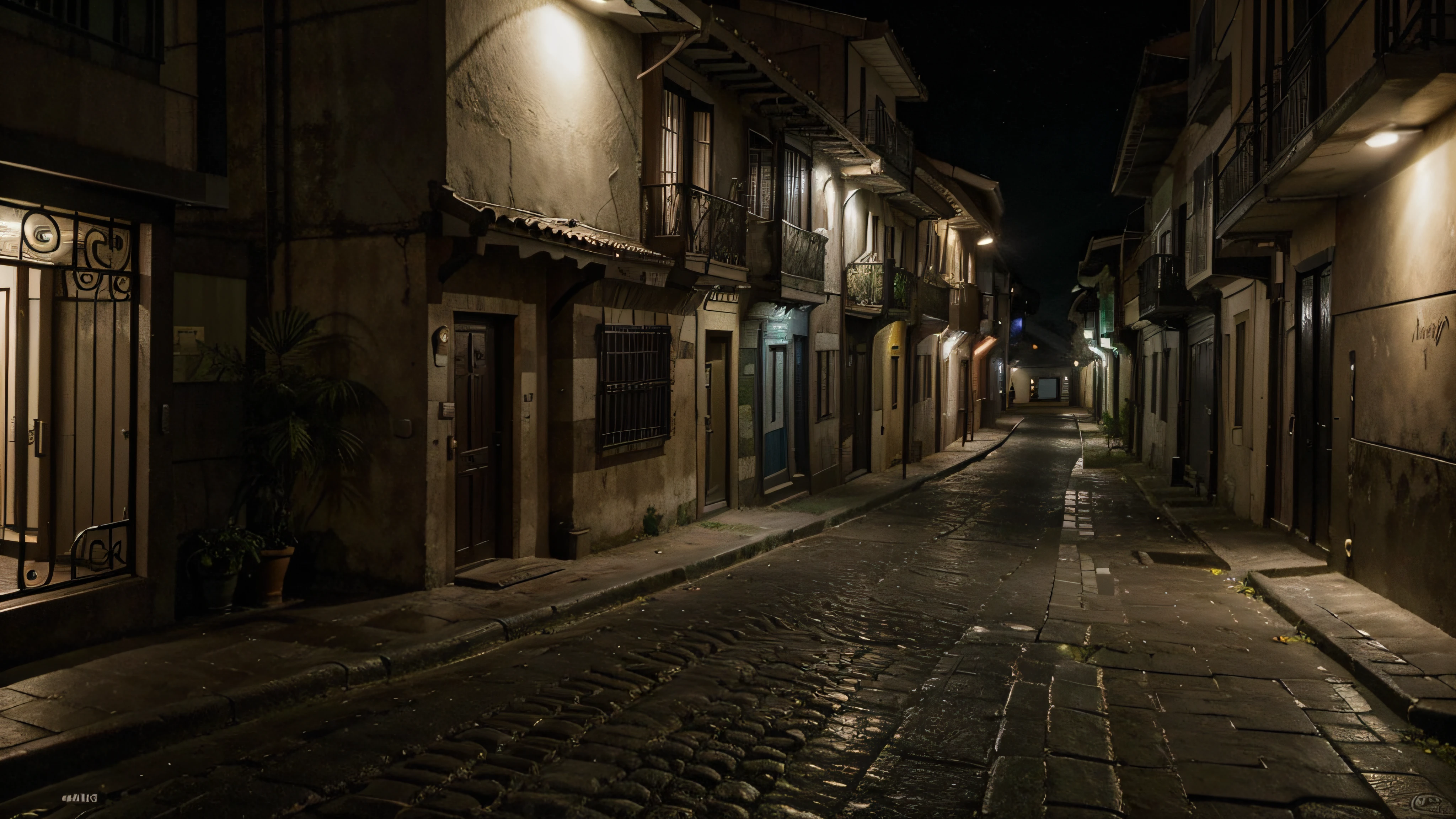 melhor qualidade, Qualidade extrema, very realistic, Dark street with poor lighting, Casas, ambiente escuro, plantas