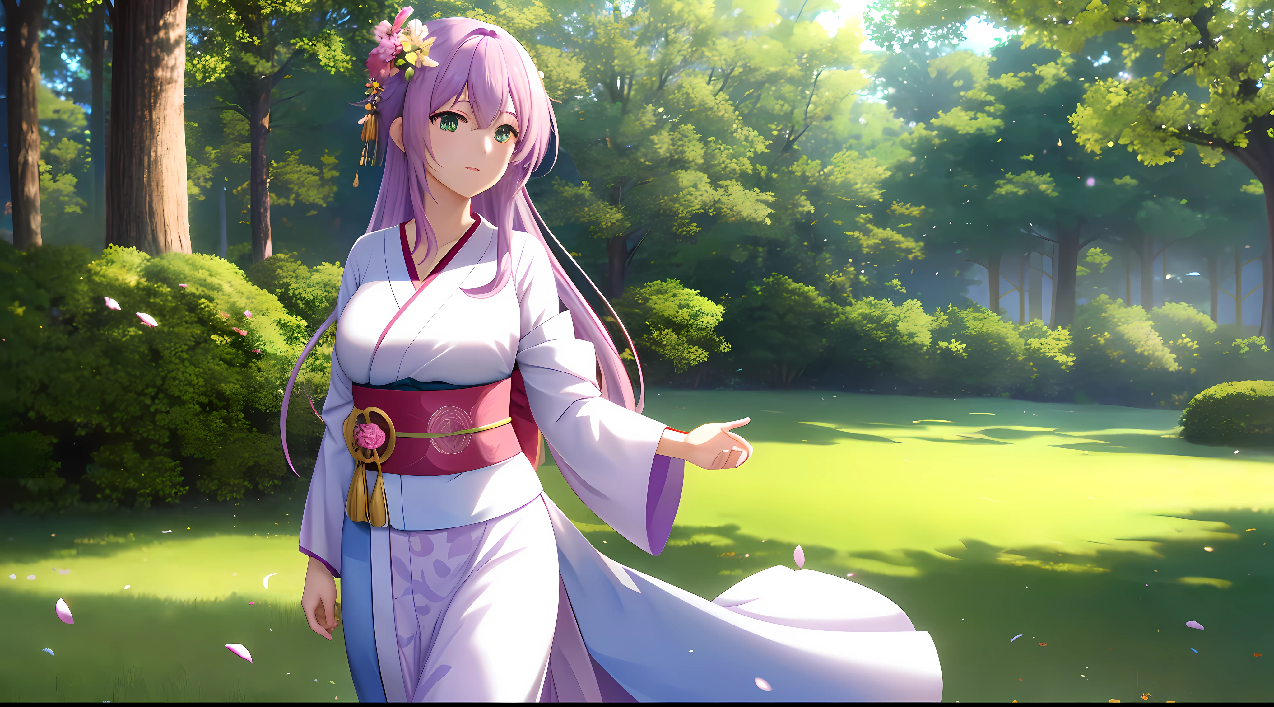 Athena with plain long light purple hair,hair between eyes,green eyes,rosy cheeks,full lips,thin eyebrows,slender body,wearing flowers kimono and full long skirt,praying beads on neck,cute anime girl,full body,sakura trees park in background,anime style,Lumen Reflections,Screen Space Reflections,Diffraction Grading,Chromatic Aberration,GB Displacement,Scan Lines,Ray Traced,Anti-Aliasing,FXAA,TXAA,RTX,SSAO,Shaders,OpenGL-Shaders, GLSL-Shaders,Post Processing,Post-Production,cell Shading,Tone Mapping,CGI,VFX,SFX,insanely detailed and intricate, 4K,standing, solo, masterpiece, best quality, detailed face, detailed eyes, highres, standing, solo,masterpiece, best quality