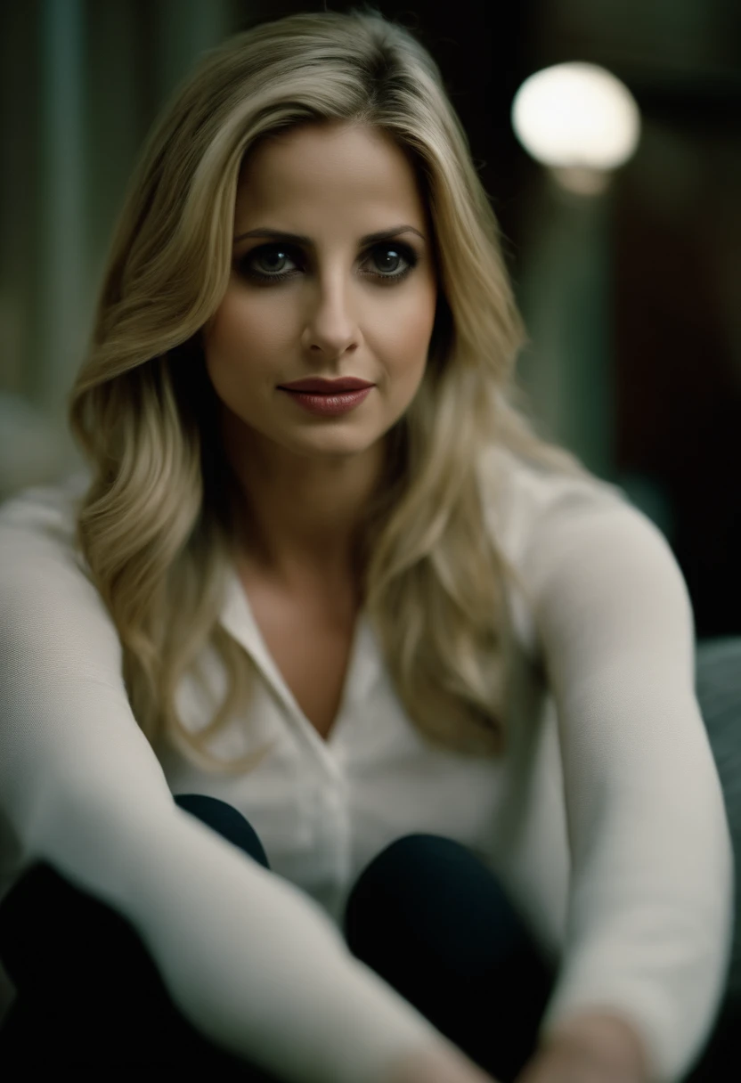full view, pantyhose, blonde hair, looks like sarah m gellar