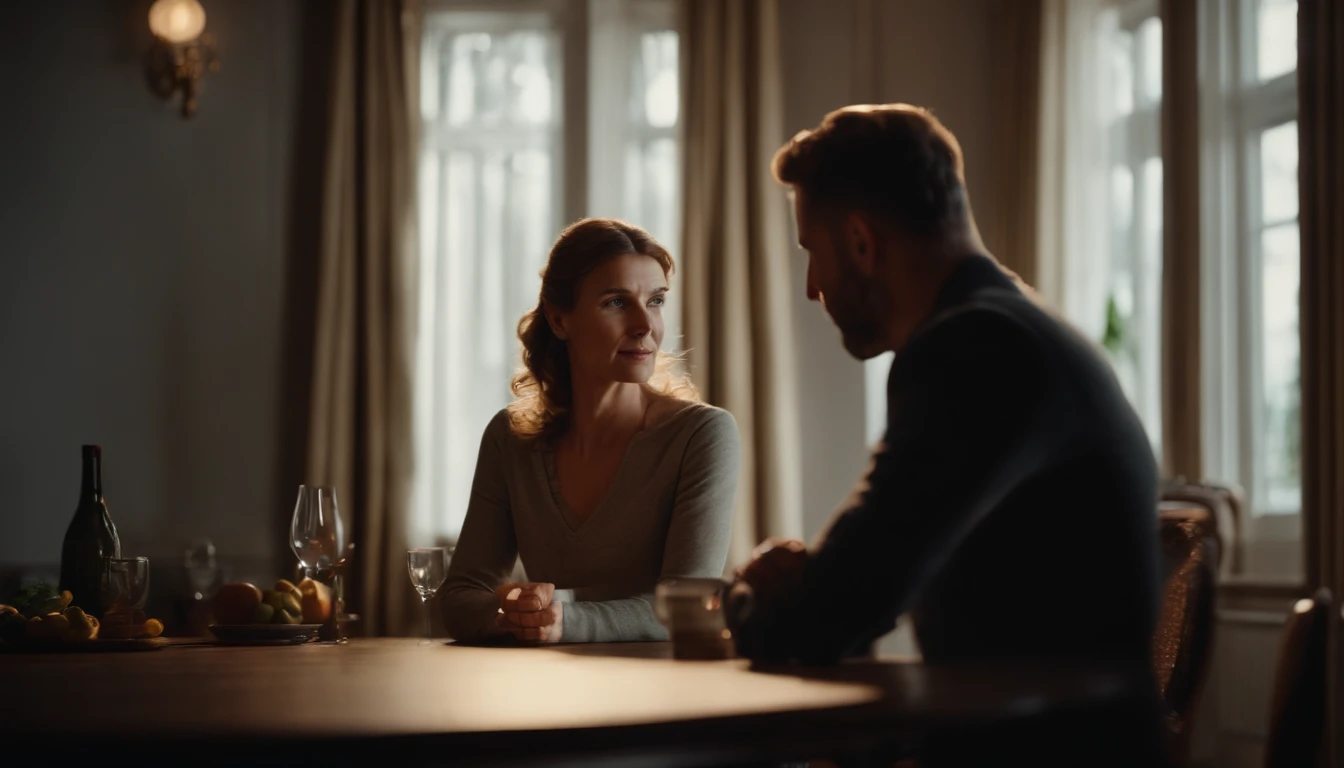 husband standing, wife siting at the table, in a room