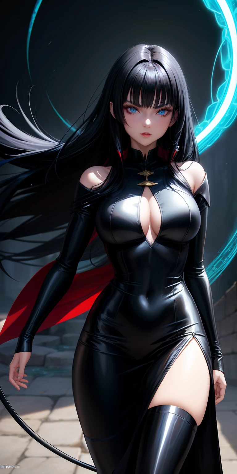 Anime woman with black hair and blue eyes in black dress,Snake face, black - haired mage, :14 80s anime style, evil sorcerer, anime style character, anime in fantasy style,Mysterious