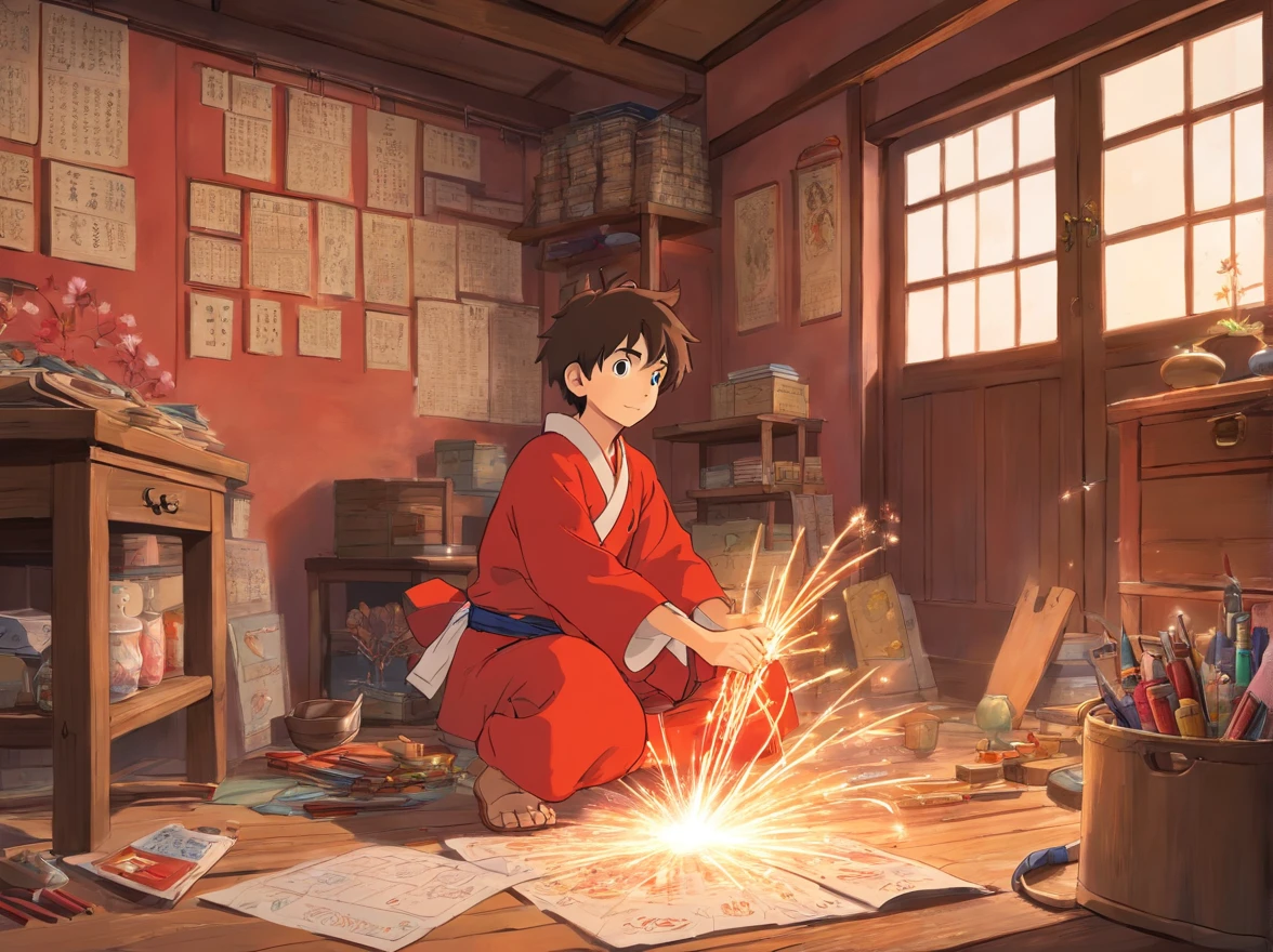 Indoors，Red Zhuang costume 15-year-old boy，Look up at the drawings and tools on the wall，Back Shadow（Boy image：Red clothes，Carry a bag，年轻）。The walls are covered with all kinds of flowcharts and tools for making fireworks。（The picture shows the boy in the house，The walls are covered with all kinds of flowcharts and tools for making fireworks）