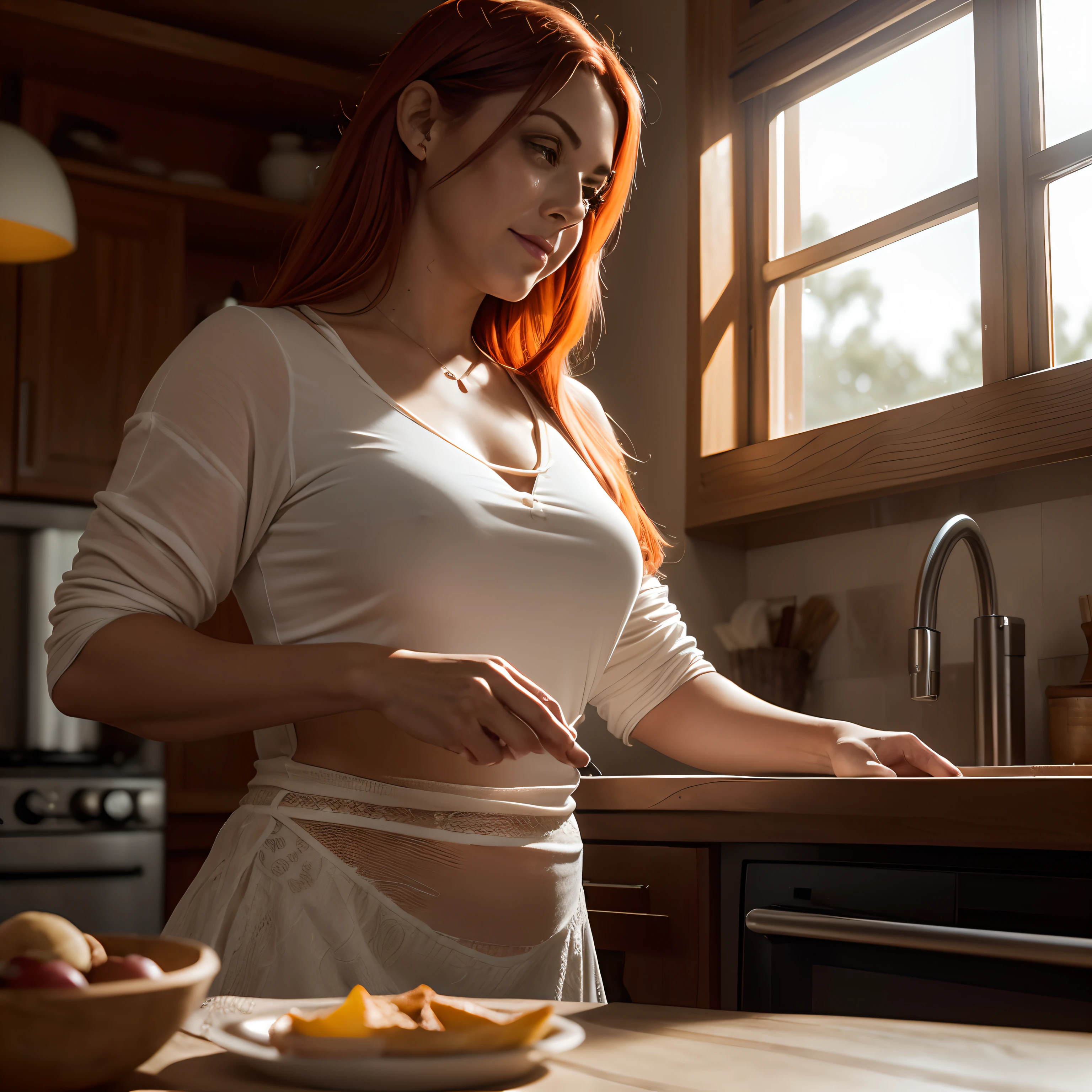 (Foto RAW de alto detalle), Una sensual mujer pelirroja sonriente en la cocina (estilo\), Pelo rojo, mujer pelirroja desayunando ((cerrar:0.7)), (Obra maestra, Piel extremadamente detallada, fotorrealista, sombra pesada, Dramatic and cinematic lighting, Luz clave, Luz de relleno), foco nítido, Film grain, Granulada, Kinematic, piel imperfecta, Telas, Texturas, Cara detallada, Piel detallada, warm colours