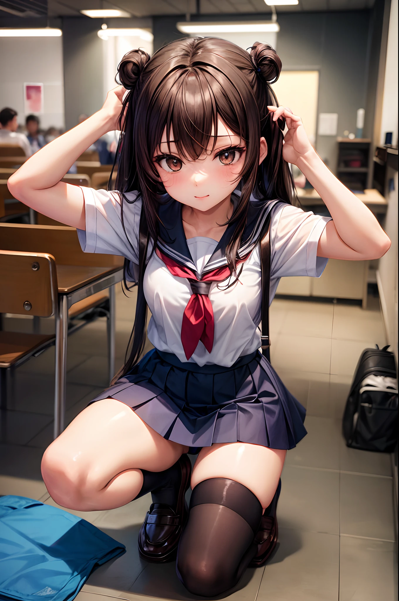 School changing room　, 8-year-old　Large Breass,ck Ha Long Hair, Purple eyes　White sports bra on top　White panties on the lower body （（I can see her panties）） White socks　sneakers　School changing roomロッカーの前　Lying on a bench Dynamic angle Low angle