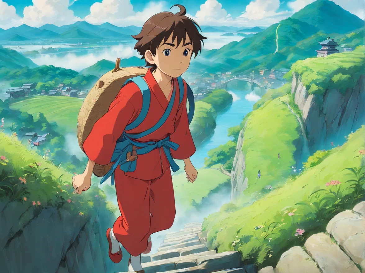 con cielo azul y nubes blancas、15 year old boy in red Zhuang suit、Llevar una bolsa、Climbing up small hills,Cross the river 。Perspectiva de la cara lateral