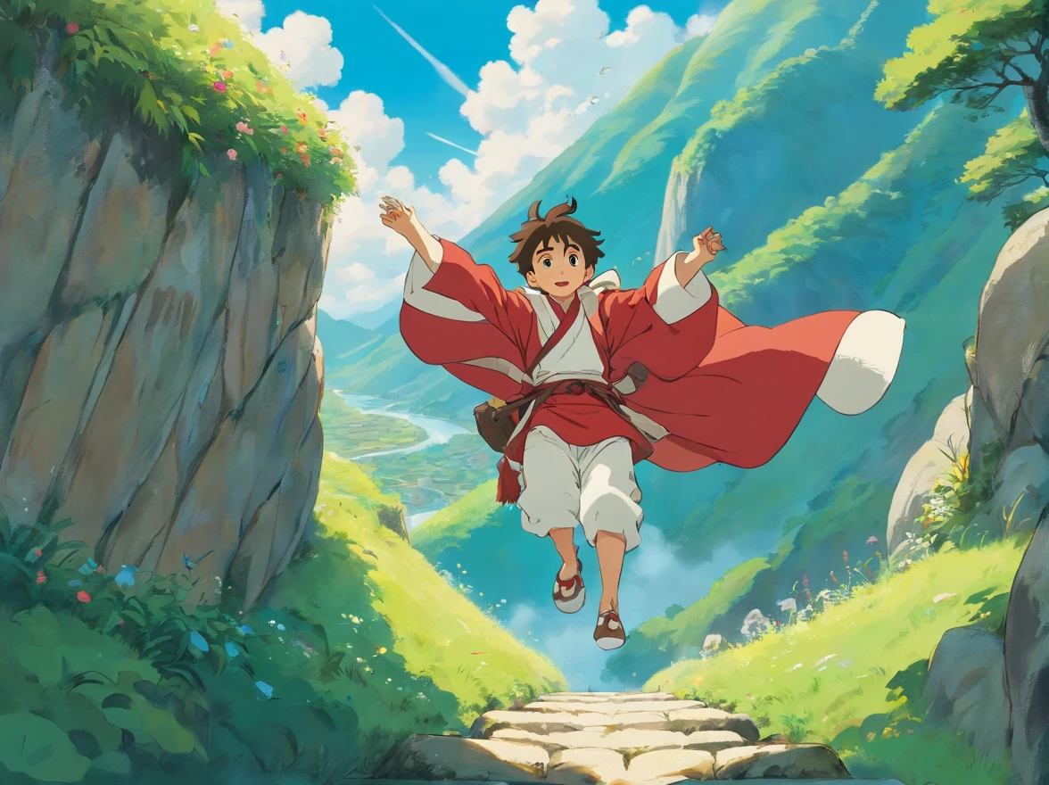 con cielo azul y nubes blancas、15 year old boy in red Zhuang suit、Llevar una bolsa、Climbing up small hills,Cross the river 。Perspectiva de la cara lateral