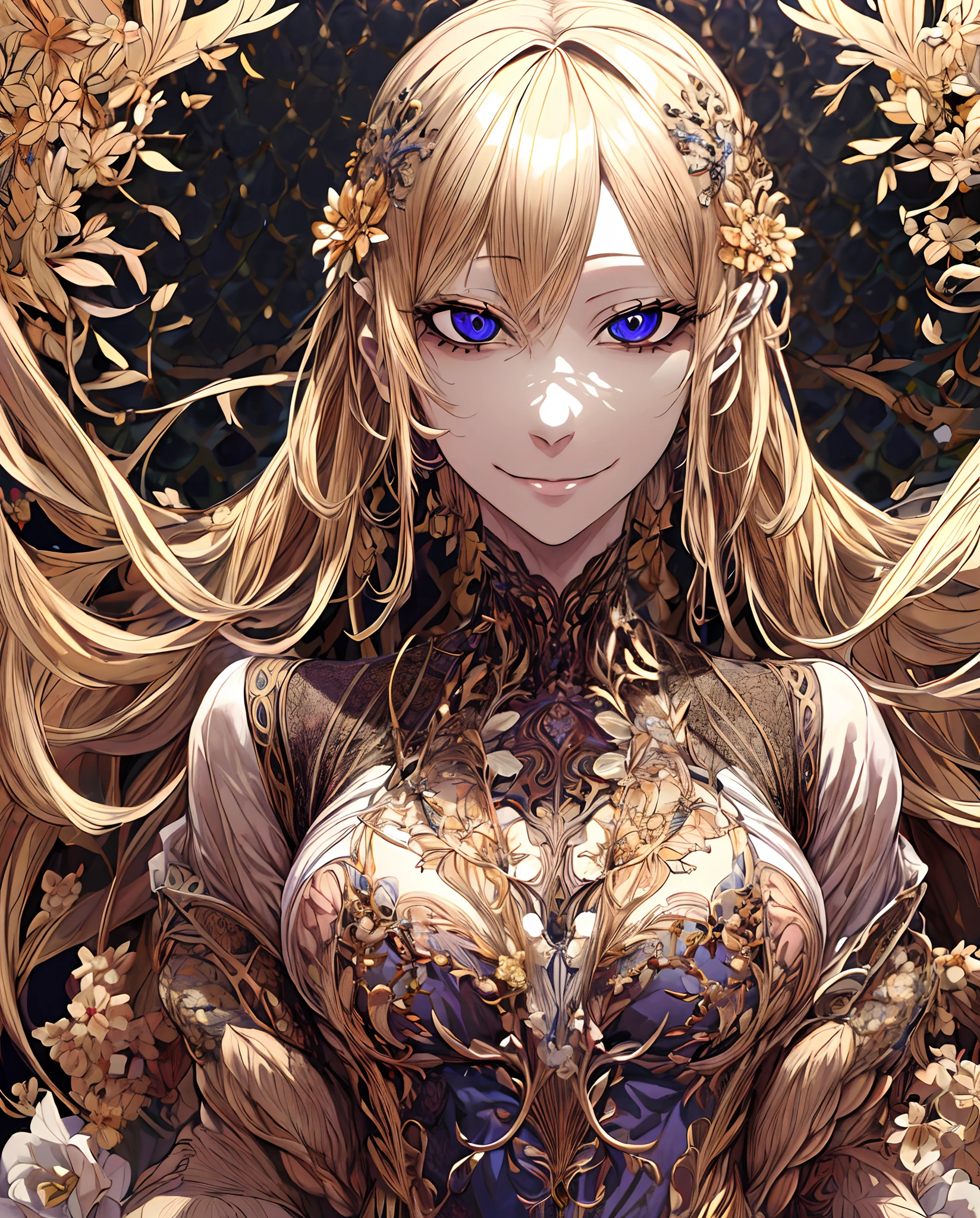 (absurd, highres, ultra detailed), 1girl, mature woman, intricate details, enlarged textures, intricate details, finely detailed eyes and detailed face, intricate details, honey blonde hair, long hair, smile, (closed mouth), perfect eyes, matching eyes, Kuroume_1024