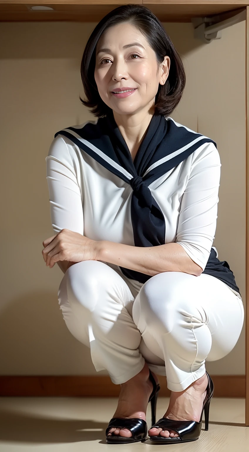80 years old,lipsticks,There are a lot of wrinkles on the face,Squat in the corner,plumw,Large breasts,tight-fitting,cleanness,exposing your navel,showing waist,Large breasts,big cuvy hips,blue-shirt,skin-tight short-pants,Thighs white,Good skin radiance,tight-fitting,All exposed to the navel,Female,big pelvis,Full body photo,Black heels,Long legs with white skin,Shiny,mature pretty woman,cleanness,无袖,Do not show your breasts, Be conservative in the picture,Smile,Daylight,Looks like 1.8 meters tall,Large breasts,big cuvy hips,Thin waist,Many wrinkles, Long legs,skin hyper-detail,Clear pores,in a panoramic view,Cocked buttocks,Mature at 90 years old,A noble and elegant Japanese woman, Perfect face, Fantastic look, (Detailed facial features), Clean and nice face,Photorealistic, Sharp focus, Wavy hair, Wrinkles at the corners of the eyes,