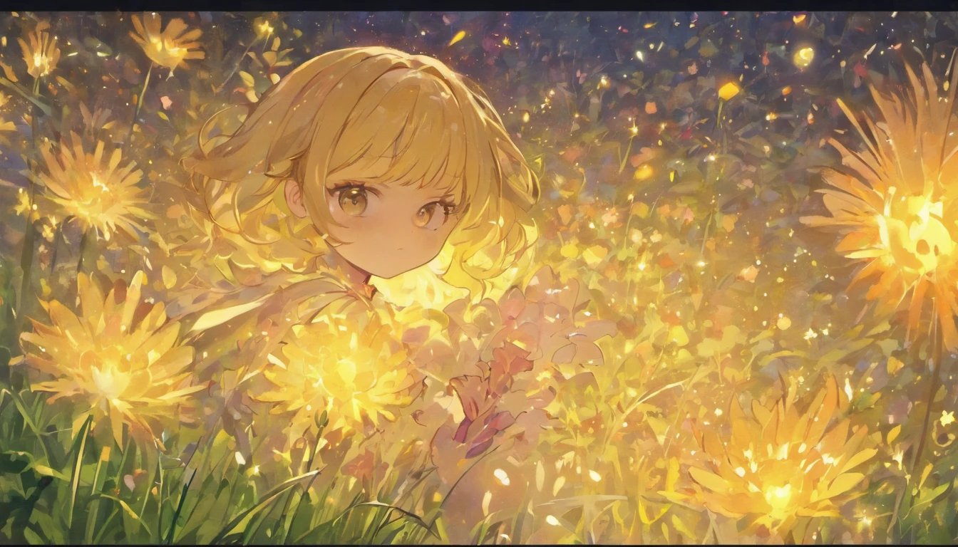 the night,Lolita style clothing,Cartoony,Chubby little girl,Hold a glowing dandelion,,Cute and cute,KIDS ILLUSTRATION,Glow effects,Dingdall effect,depth of fields,high light,Real light,Ray traching,oc rendered,Hyper-realistic,best qualtiy,8K,Works of masters,super-fine,Detailed pubic hair,Correct anatomy,sharp focus on eyes,Bokeh,Facial features are carefully depicted